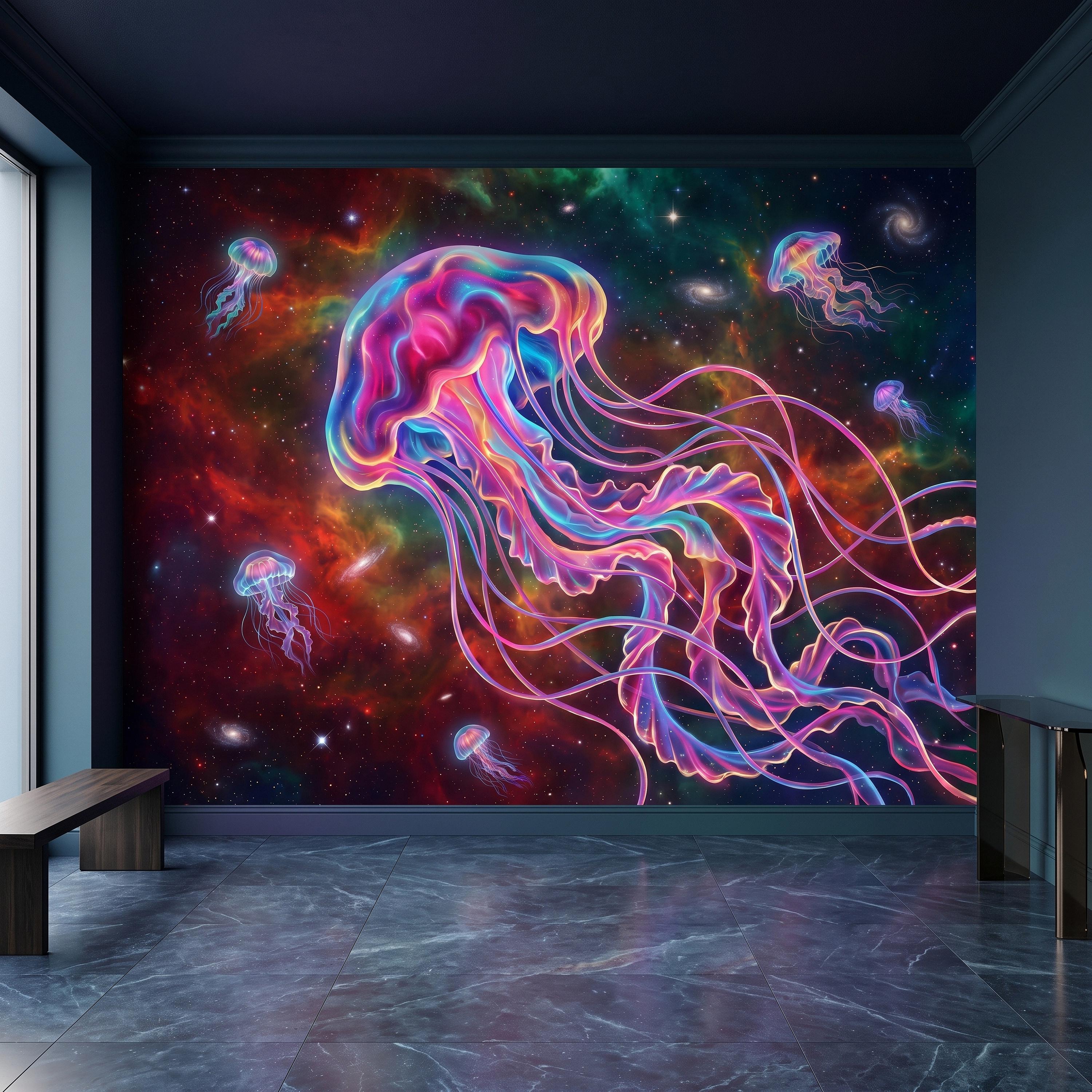 Cosmic Jellyfish Peel and Stick Wall Mural, Colorful Galaxy Nebula Space Fantasy Glowing Celestial Jellyfish Psychedelic Art Wallpaper