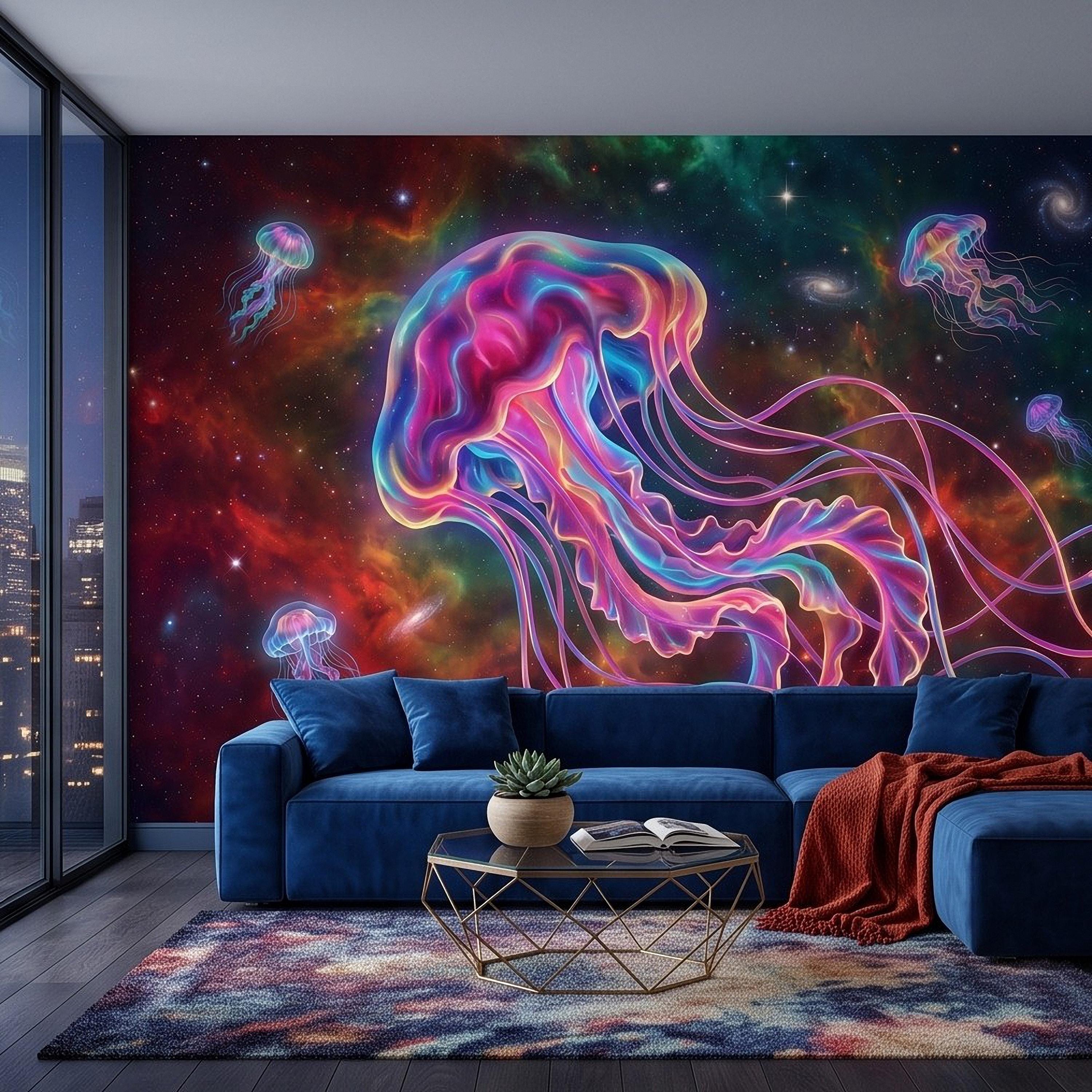 Cosmic Jellyfish Peel and Stick Wall Mural, Colorful Galaxy Nebula Space Fantasy Glowing Celestial Jellyfish Psychedelic Art Wallpaper