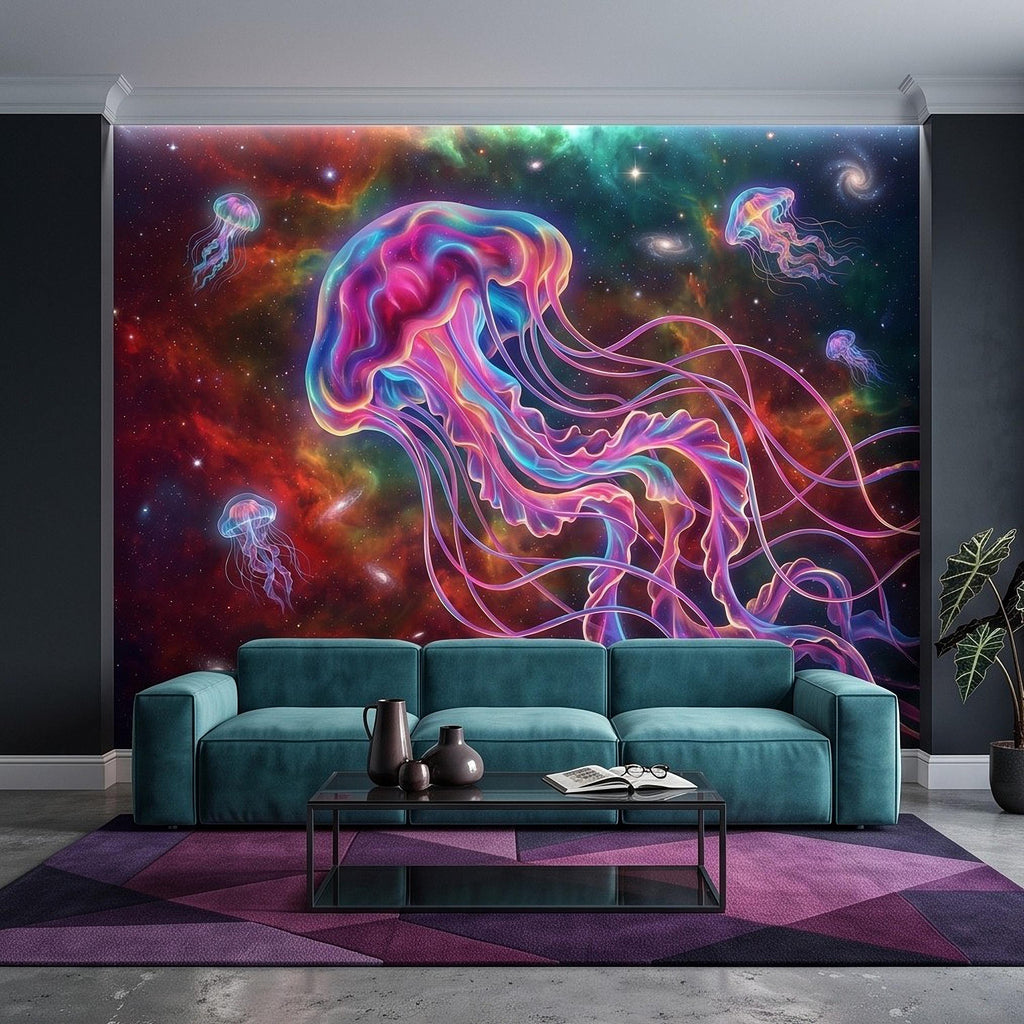 Cosmic Jellyfish Peel and Stick Wall Mural, Colorful Galaxy Nebula Space Fantasy Glowing Celestial Jellyfish Psychedelic Art Wallpaper