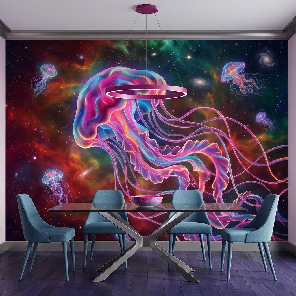 Cosmic Jellyfish Peel and Stick Wall Mural, Colorful Galaxy Nebula Space Fantasy Glowing Celestial Jellyfish Psychedelic Art Wallpaper