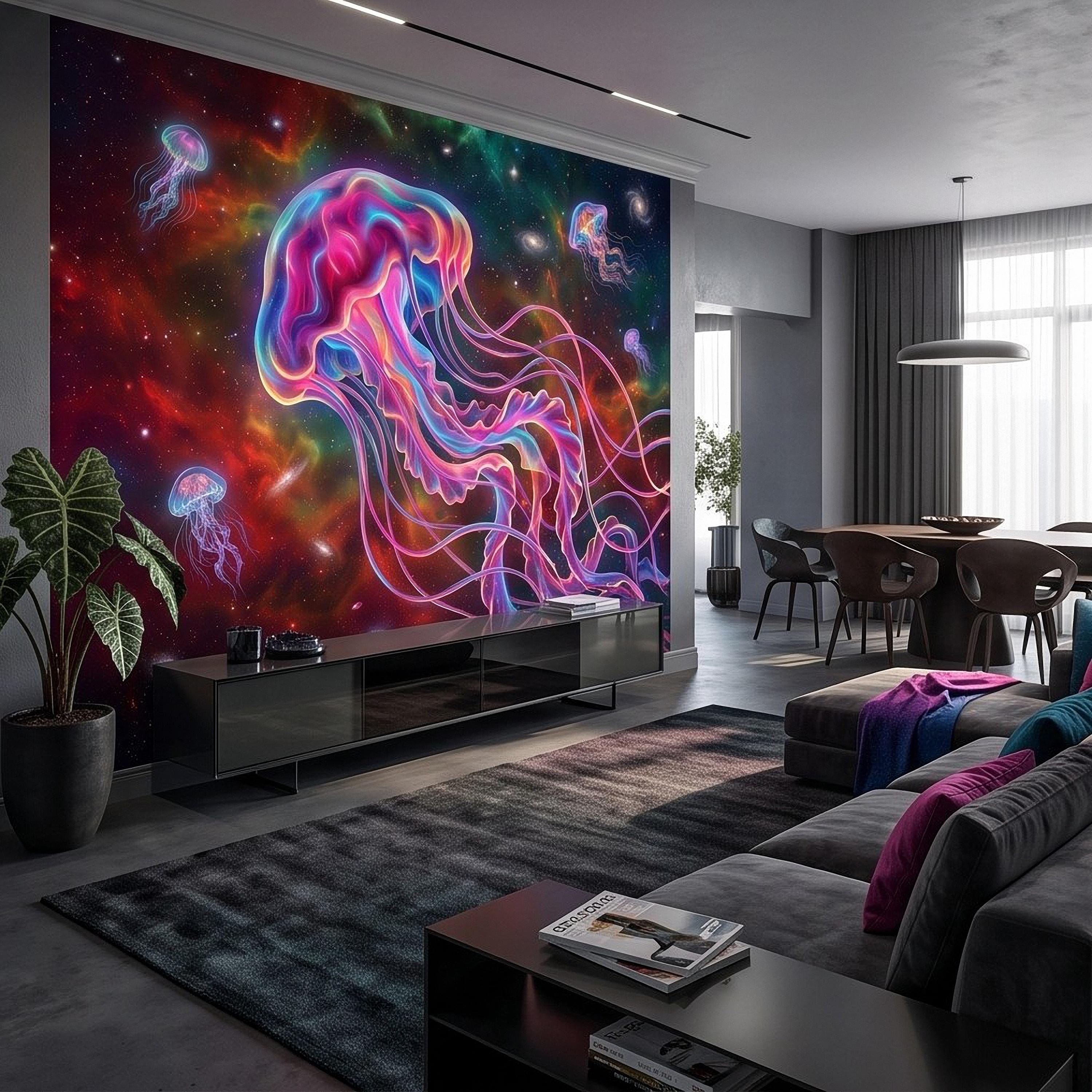 Cosmic Jellyfish Peel and Stick Wall Mural, Colorful Galaxy Nebula Space Fantasy Glowing Celestial Jellyfish Psychedelic Art Wallpaper
