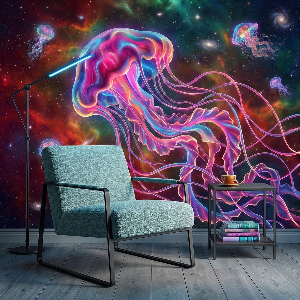 Cosmic Jellyfish Peel and Stick Wall Mural, Colorful Galaxy Nebula Space Fantasy Glowing Celestial Jellyfish Psychedelic Art Wallpaper