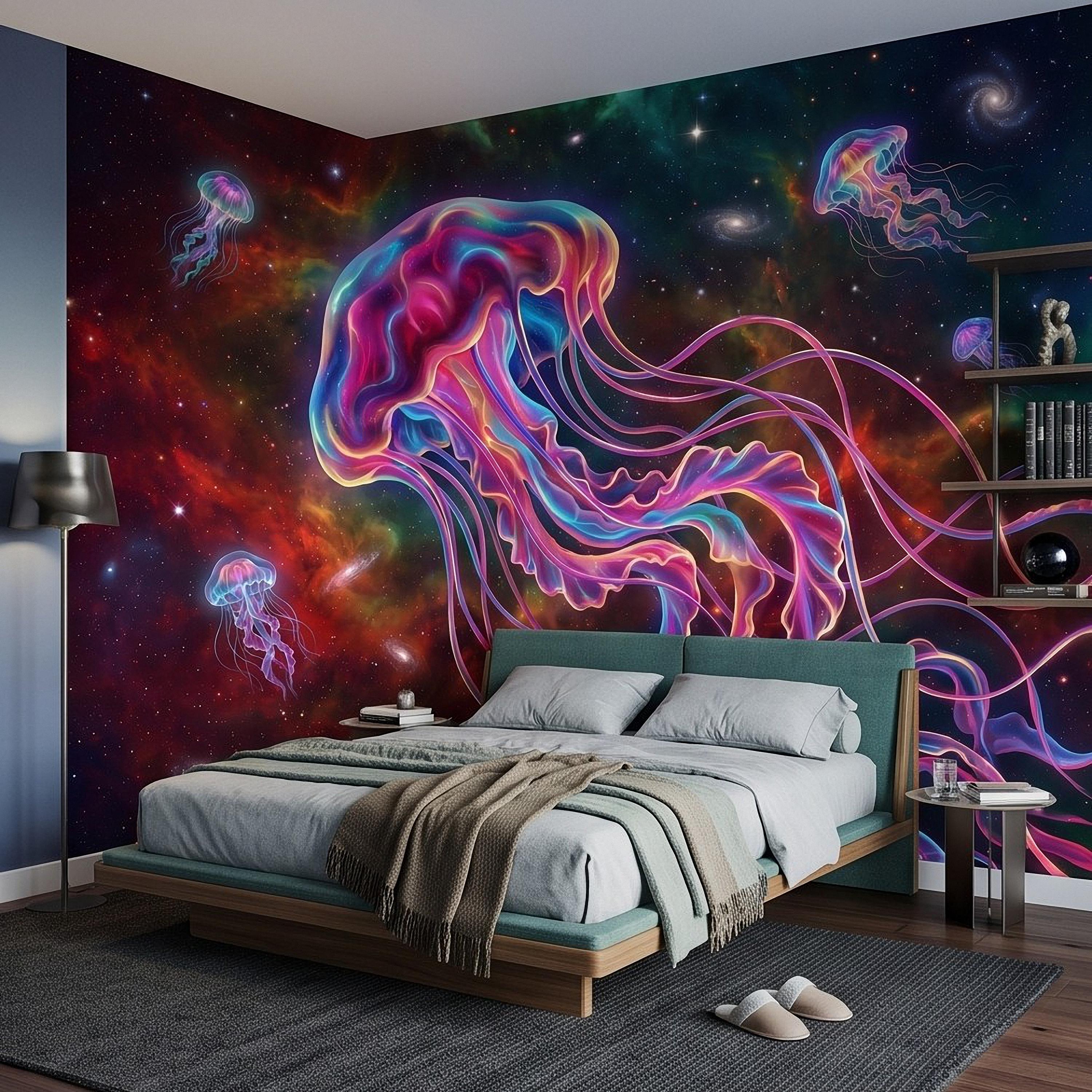 Cosmic Jellyfish Peel and Stick Wall Mural, Colorful Galaxy Nebula Space Fantasy Glowing Celestial Jellyfish Psychedelic Art Wallpaper