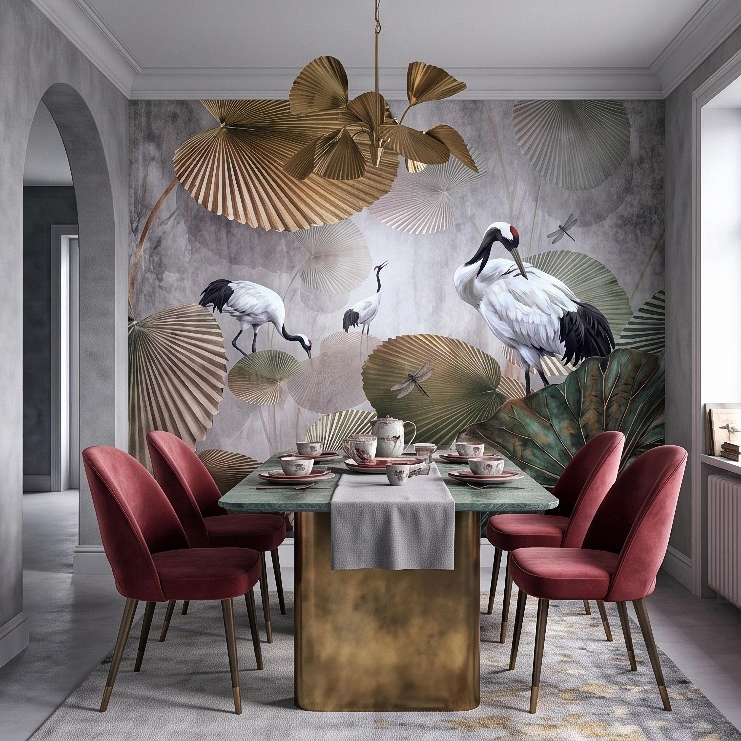 Red Crowned Crane Peel and Stick Wall Mural, Japanese Fan Palm Leaves Dragonflies Oriental Nature Wallpaper