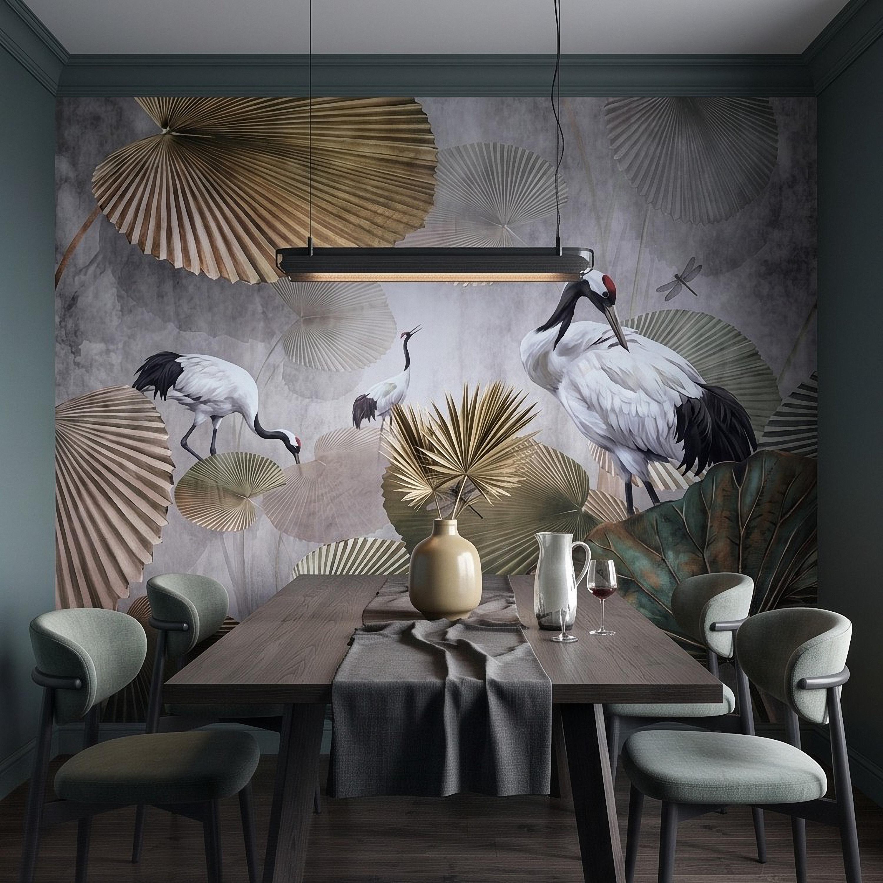 Red Crowned Crane Peel and Stick Wall Mural, Japanese Fan Palm Leaves Dragonflies Oriental Nature Wallpaper