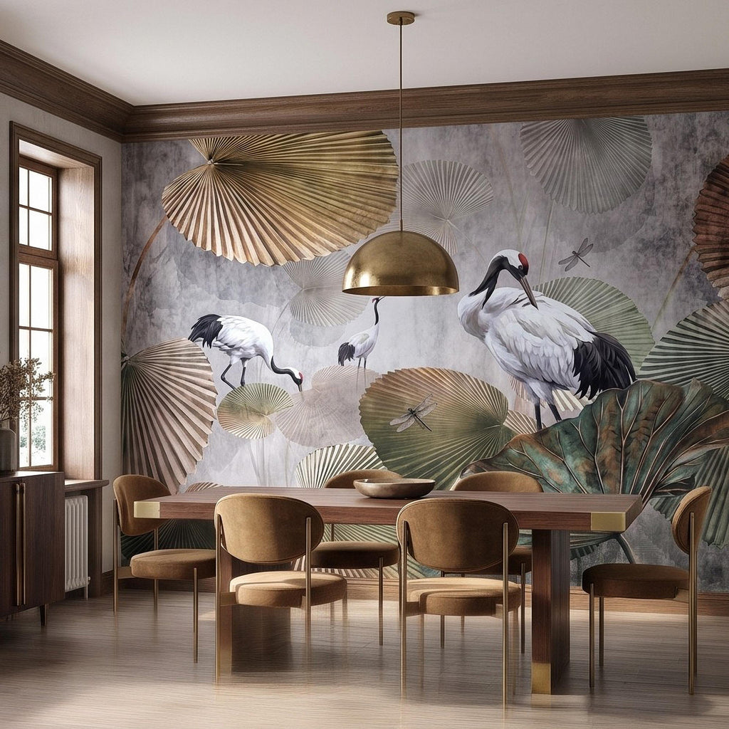 Red Crowned Crane Peel and Stick Wall Mural, Japanese Fan Palm Leaves Dragonflies Oriental Nature Wallpaper