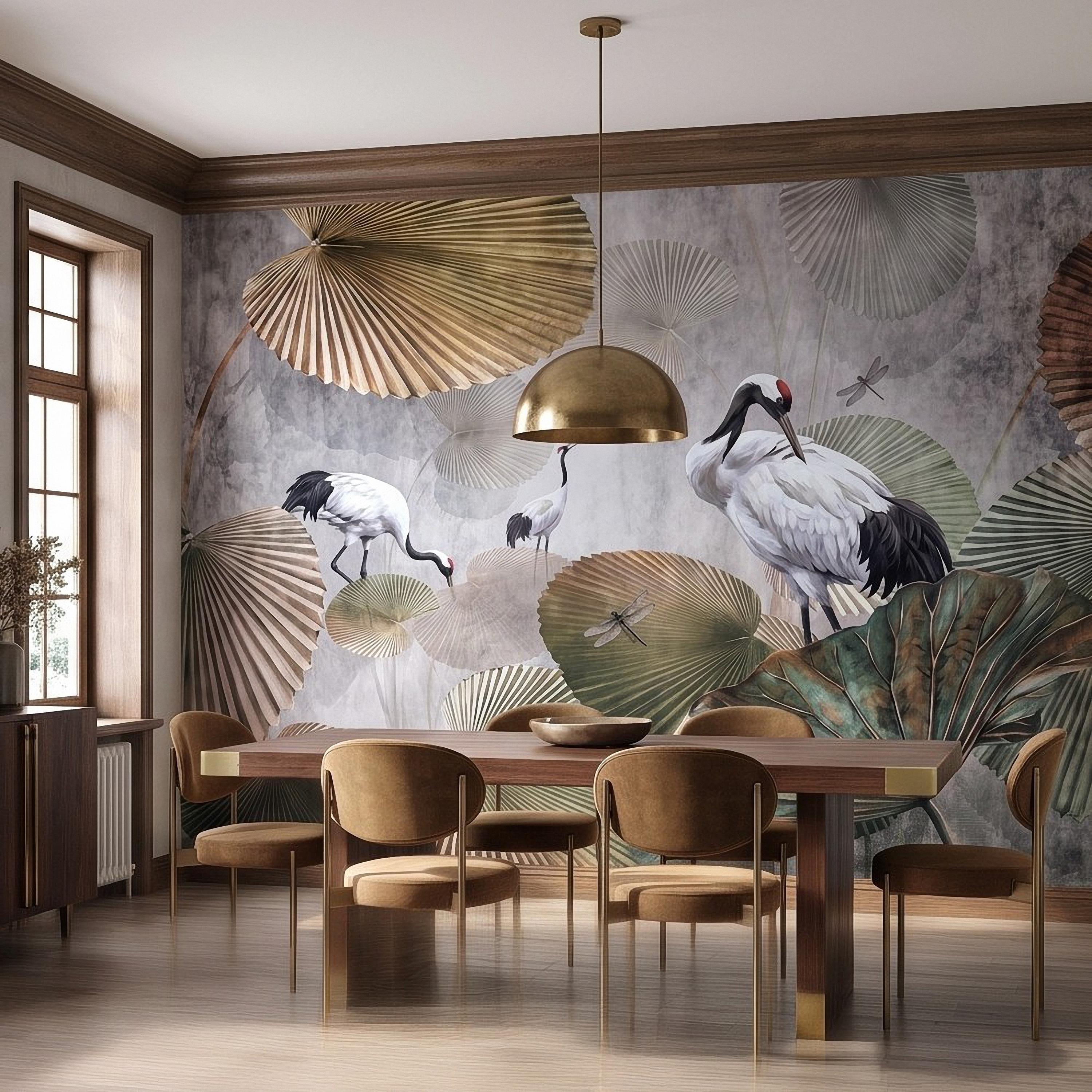 Red Crowned Crane Peel and Stick Wall Mural, Japanese Fan Palm Leaves Dragonflies Oriental Nature Wallpaper