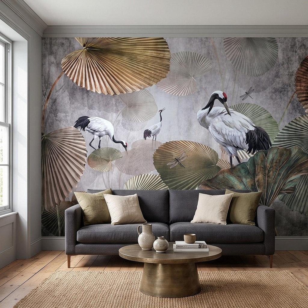 Red Crowned Crane Peel and Stick Wall Mural, Japanese Fan Palm Leaves Dragonflies Oriental Nature Wallpaper