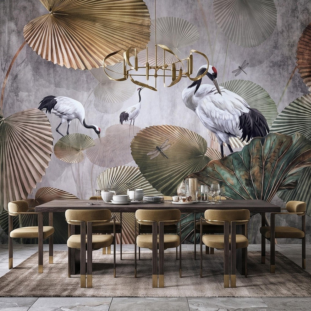 Red Crowned Crane Peel and Stick Wall Mural, Japanese Fan Palm Leaves Dragonflies Oriental Nature Wallpaper