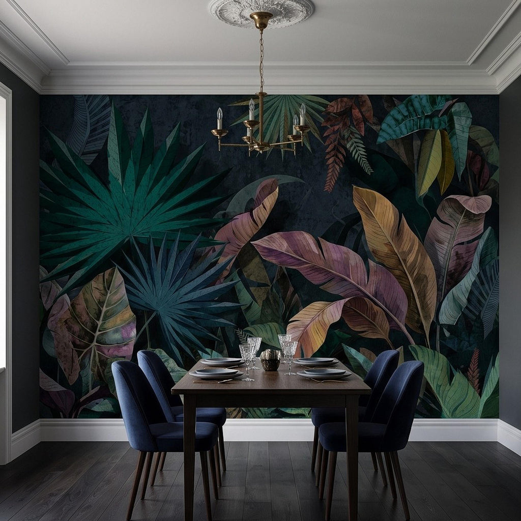 Dark Botanical Peel and Stick Wall Mural, Jungle Palm Banana Leaves, Exotic Lush Foliage Moody Nature Wallpaper