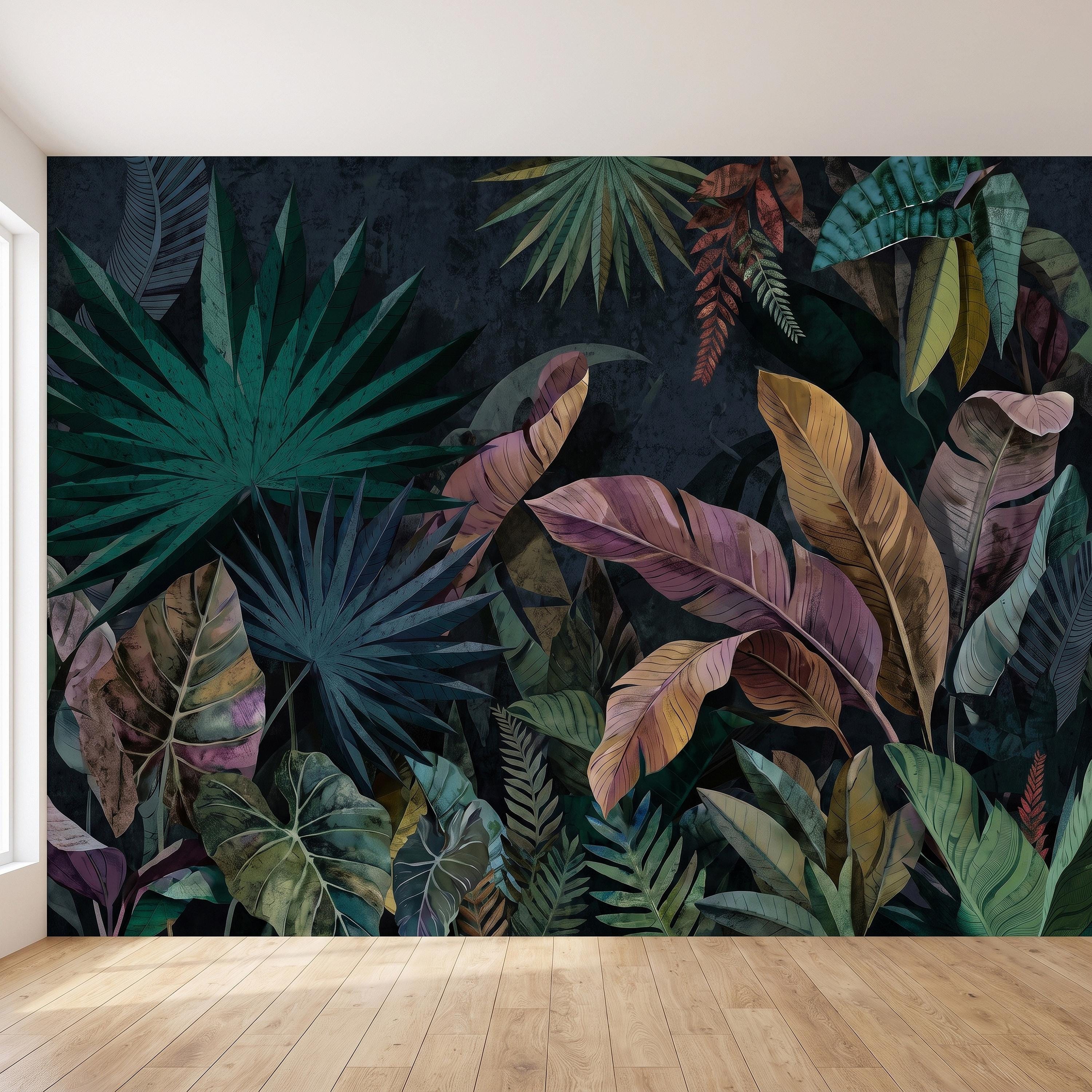 Dark Botanical Peel and Stick Wall Mural, Jungle Palm Banana Leaves, Exotic Lush Foliage Moody Nature Wallpaper