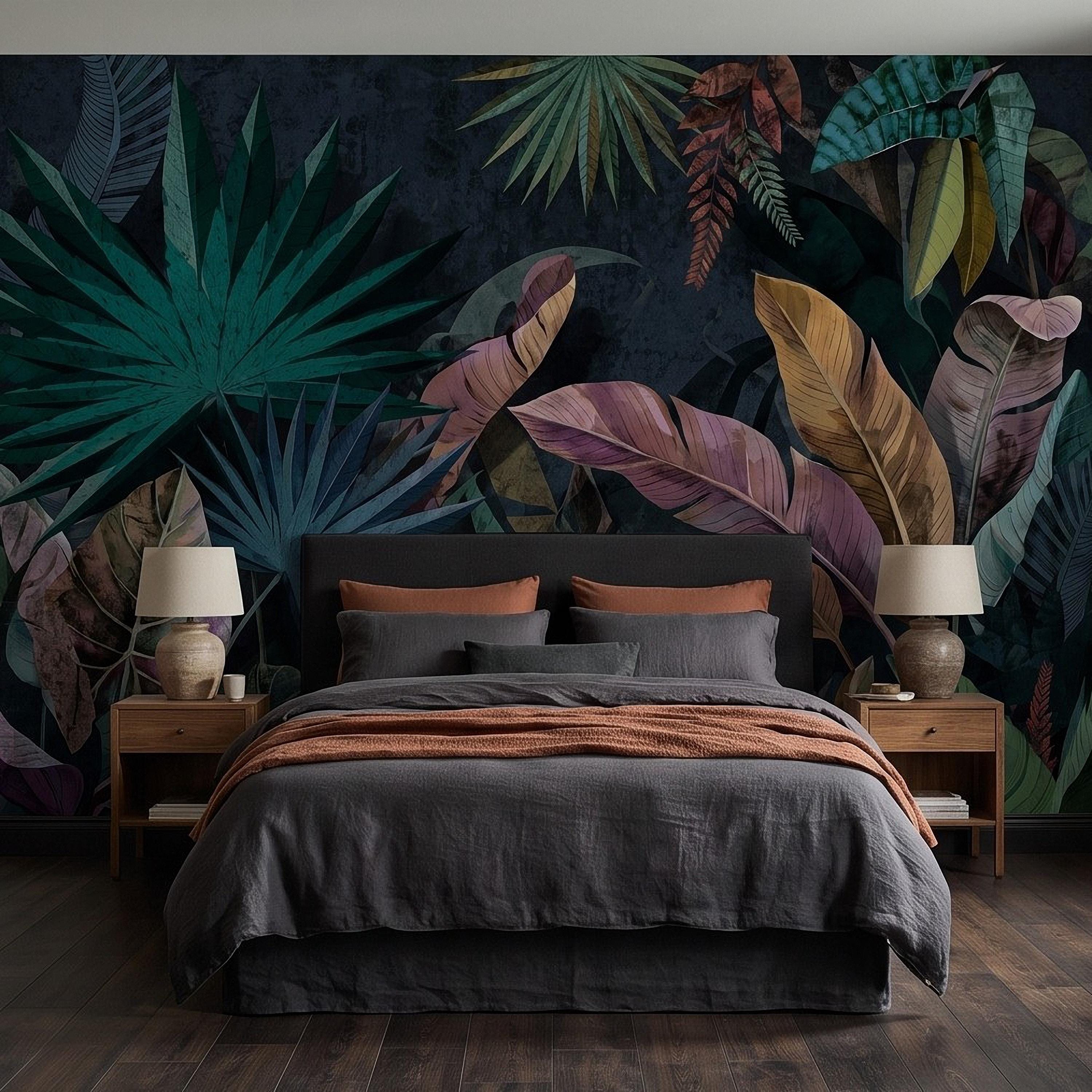 Dark Botanical Peel and Stick Wall Mural, Jungle Palm Banana Leaves, Exotic Lush Foliage Moody Nature Wallpaper