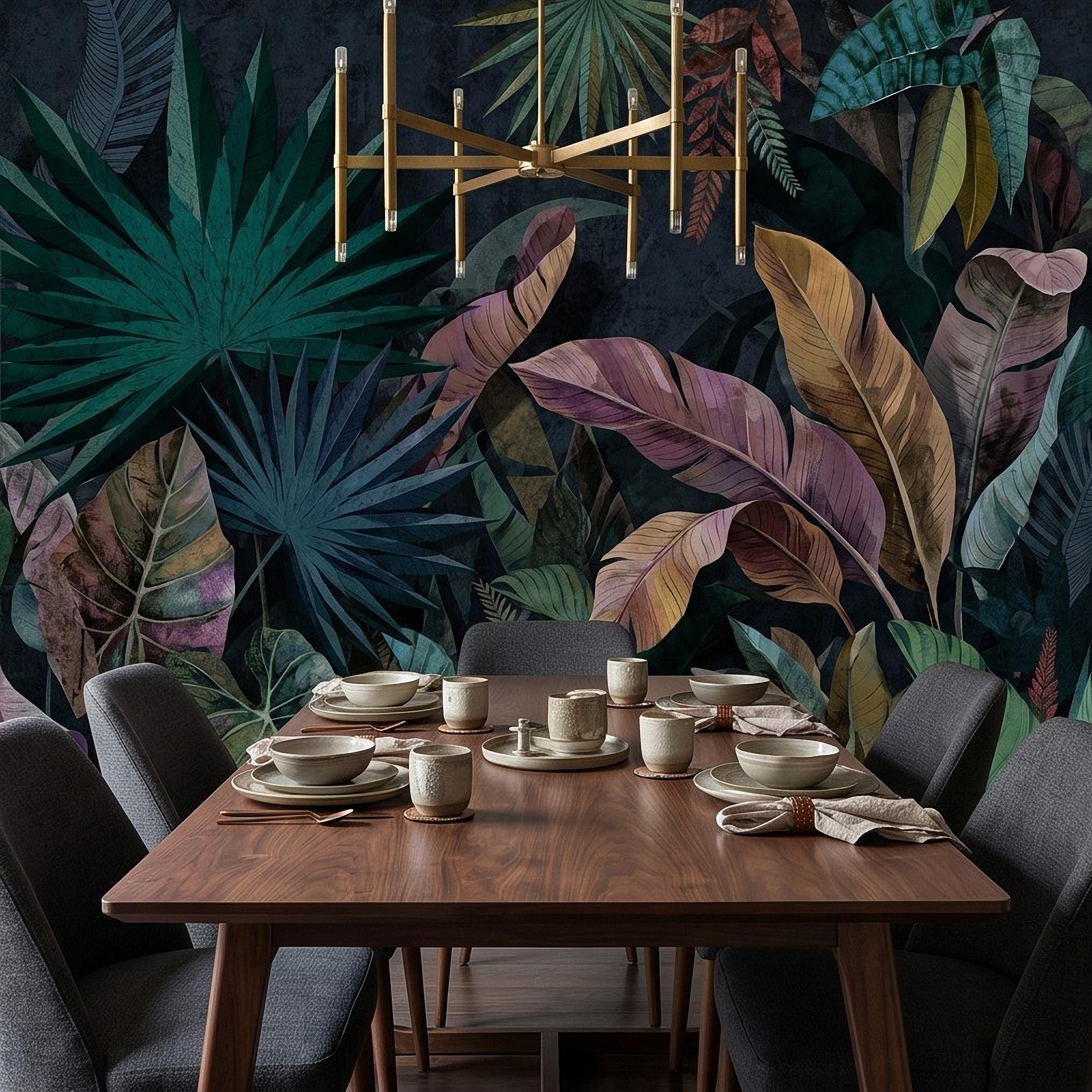 Dark Botanical Peel and Stick Wall Mural, Jungle Palm Banana Leaves, Exotic Lush Foliage Moody Nature Wallpaper
