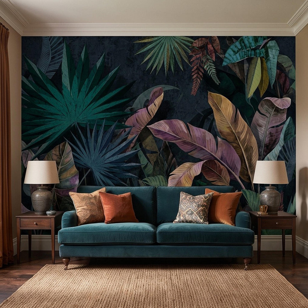 Dark Botanical Peel and Stick Wall Mural, Jungle Palm Banana Leaves, Exotic Lush Foliage Moody Nature Wallpaper