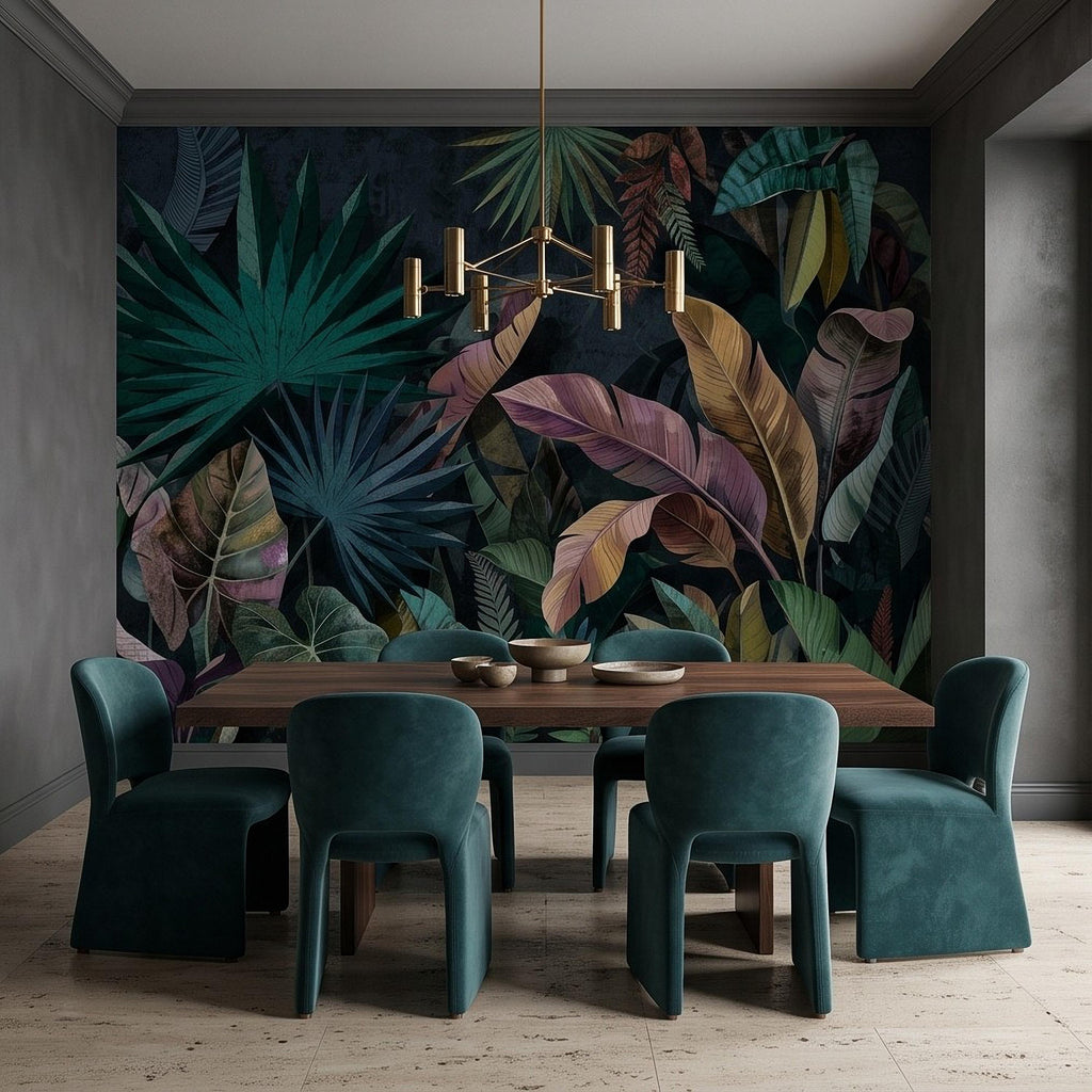 Dark Botanical Peel and Stick Wall Mural, Jungle Palm Banana Leaves, Exotic Lush Foliage Moody Nature Wallpaper