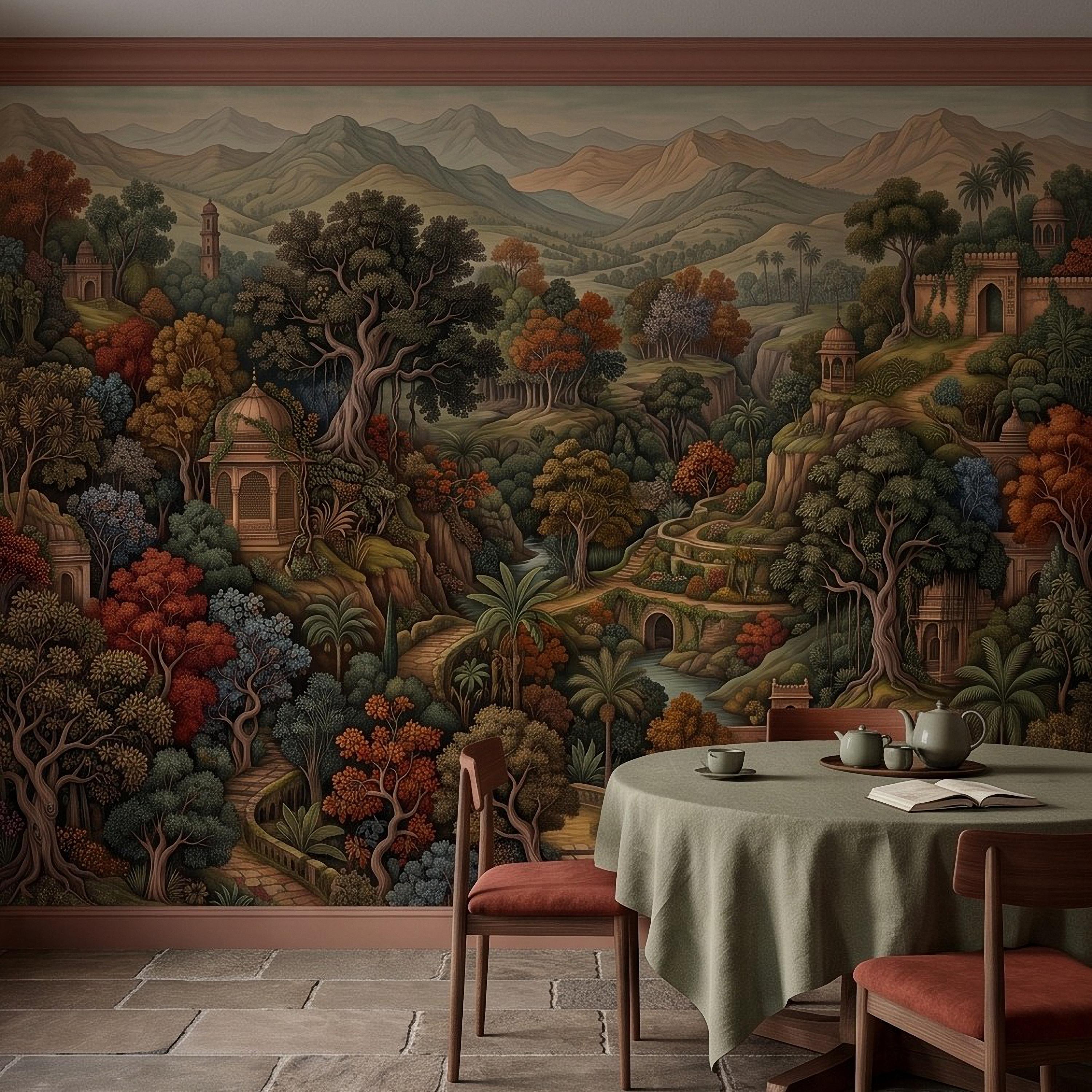Indian Garden Peel and Stick Wall Mural, Lush Botanical Mountain Landscape Vintage Palace Forest Old World Scenic Painting Wallpaper