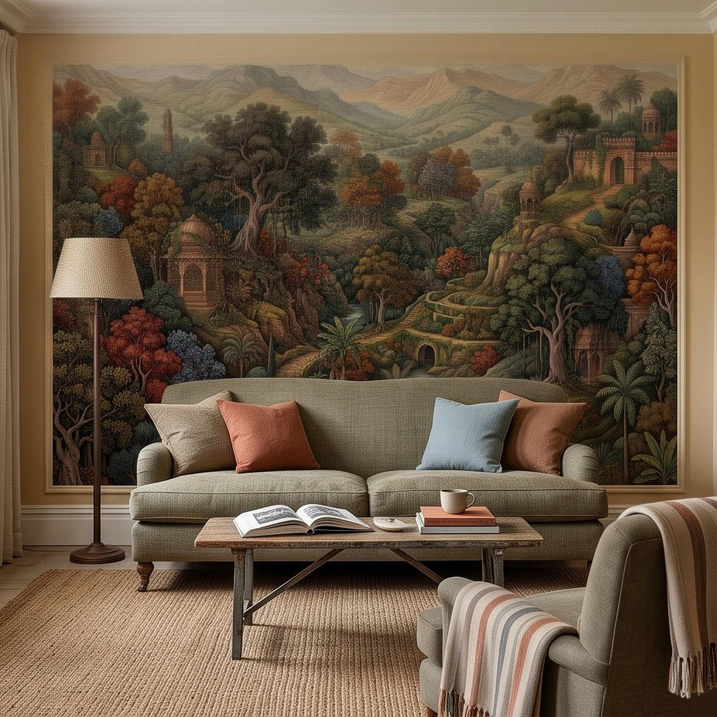 Indian Garden Peel and Stick Wall Mural, Lush Botanical Mountain Landscape Vintage Palace Forest Old World Scenic Painting Wallpaper