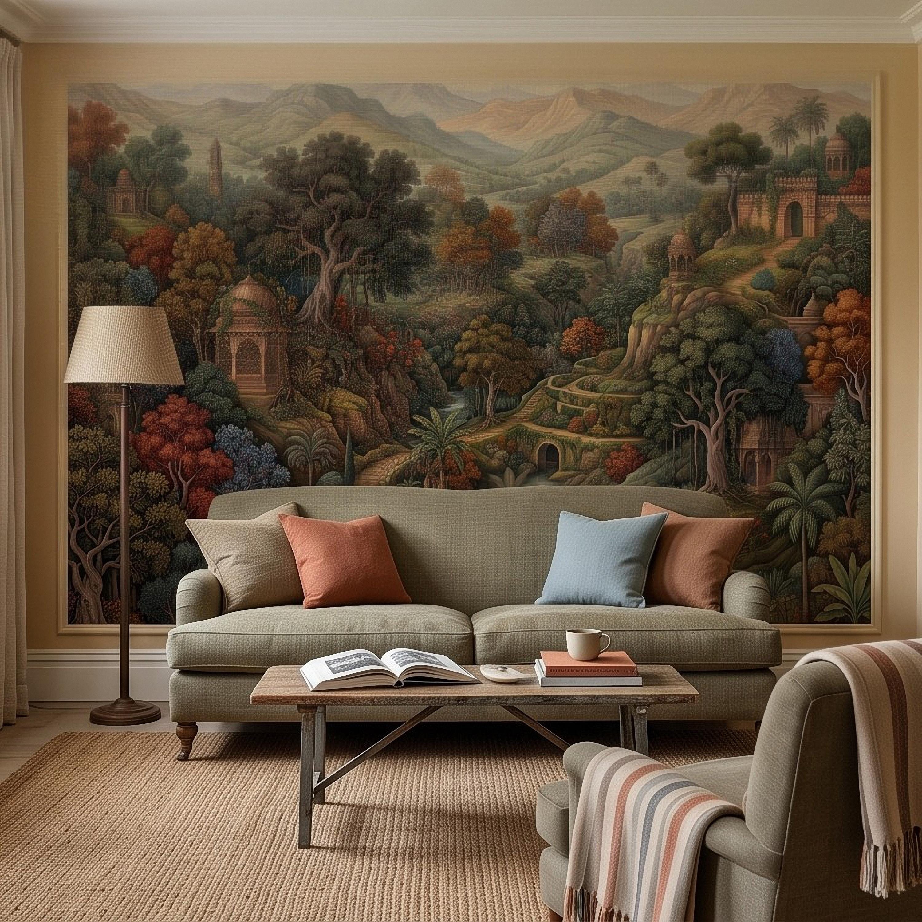Indian Garden Peel and Stick Wall Mural, Lush Botanical Mountain Landscape Vintage Palace Forest Old World Scenic Painting Wallpaper