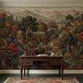 Indian Garden Peel and Stick Wall Mural, Lush Botanical Mountain Landscape Vintage Palace Forest Old World Scenic Painting Wallpaper