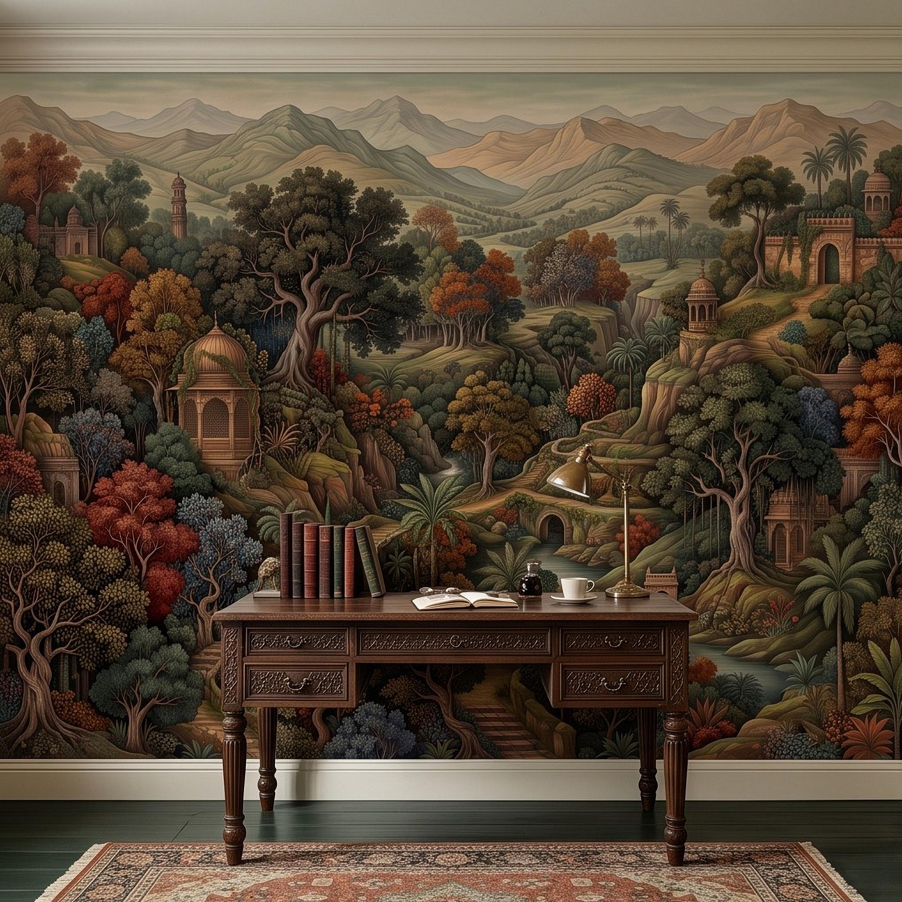 Indian Garden Peel and Stick Wall Mural, Lush Botanical Mountain Landscape Vintage Palace Forest Old World Scenic Painting Wallpaper