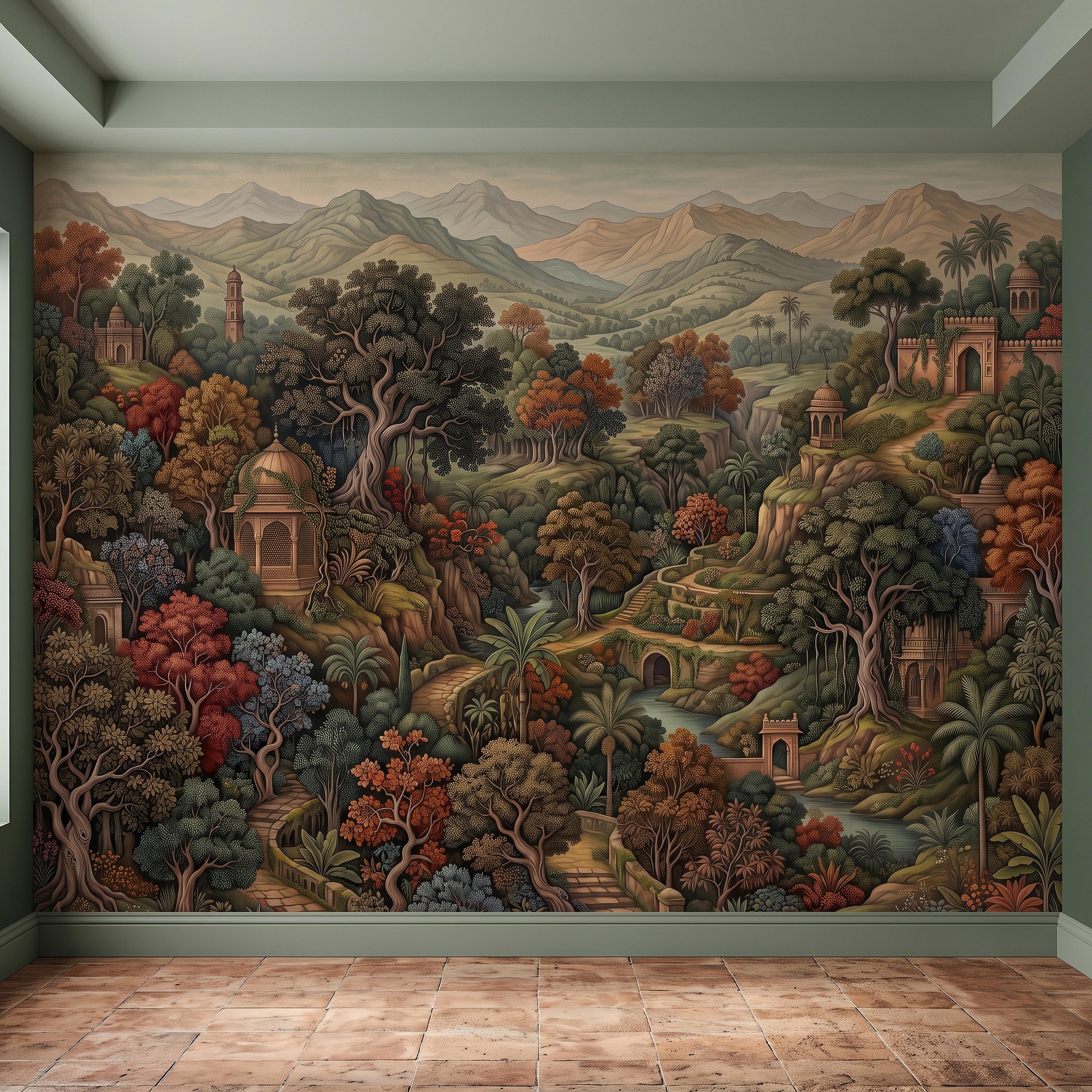 Indian Garden Peel and Stick Wall Mural, Lush Botanical Mountain Landscape Vintage Palace Forest Old World Scenic Painting Wallpaper