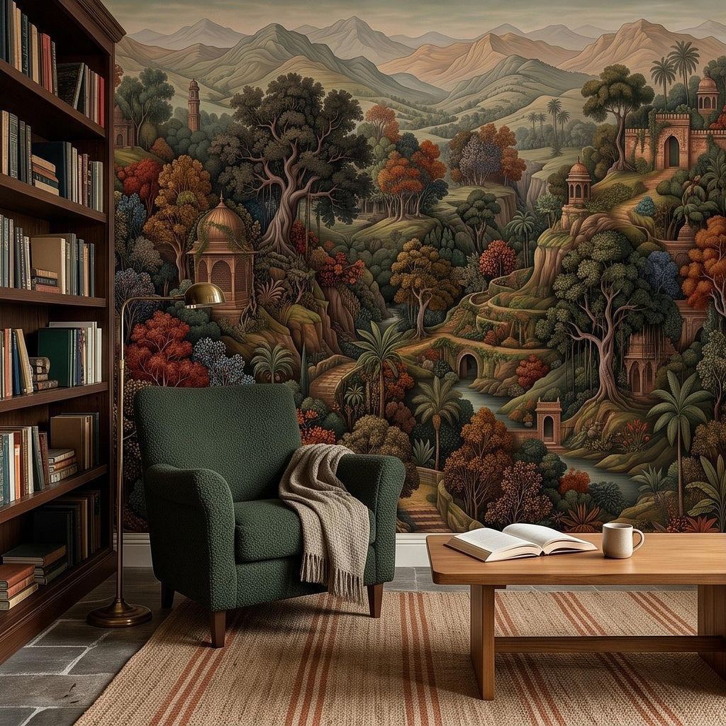Indian Garden Peel and Stick Wall Mural, Lush Botanical Mountain Landscape Vintage Palace Forest Old World Scenic Painting Wallpaper