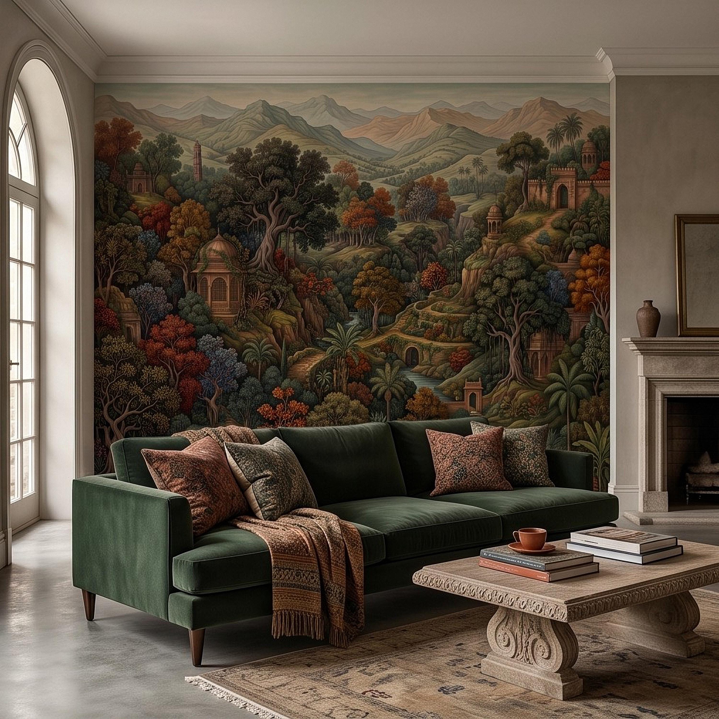 Indian Garden Peel and Stick Wall Mural, Lush Botanical Mountain Landscape Vintage Palace Forest Old World Scenic Painting Wallpaper
