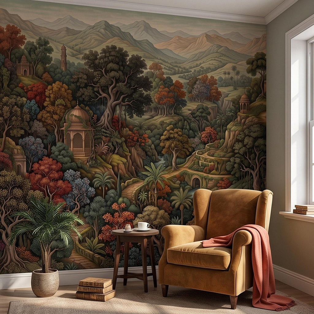 Indian Garden Peel and Stick Wall Mural, Lush Botanical Mountain Landscape Vintage Palace Forest Old World Scenic Painting Wallpaper