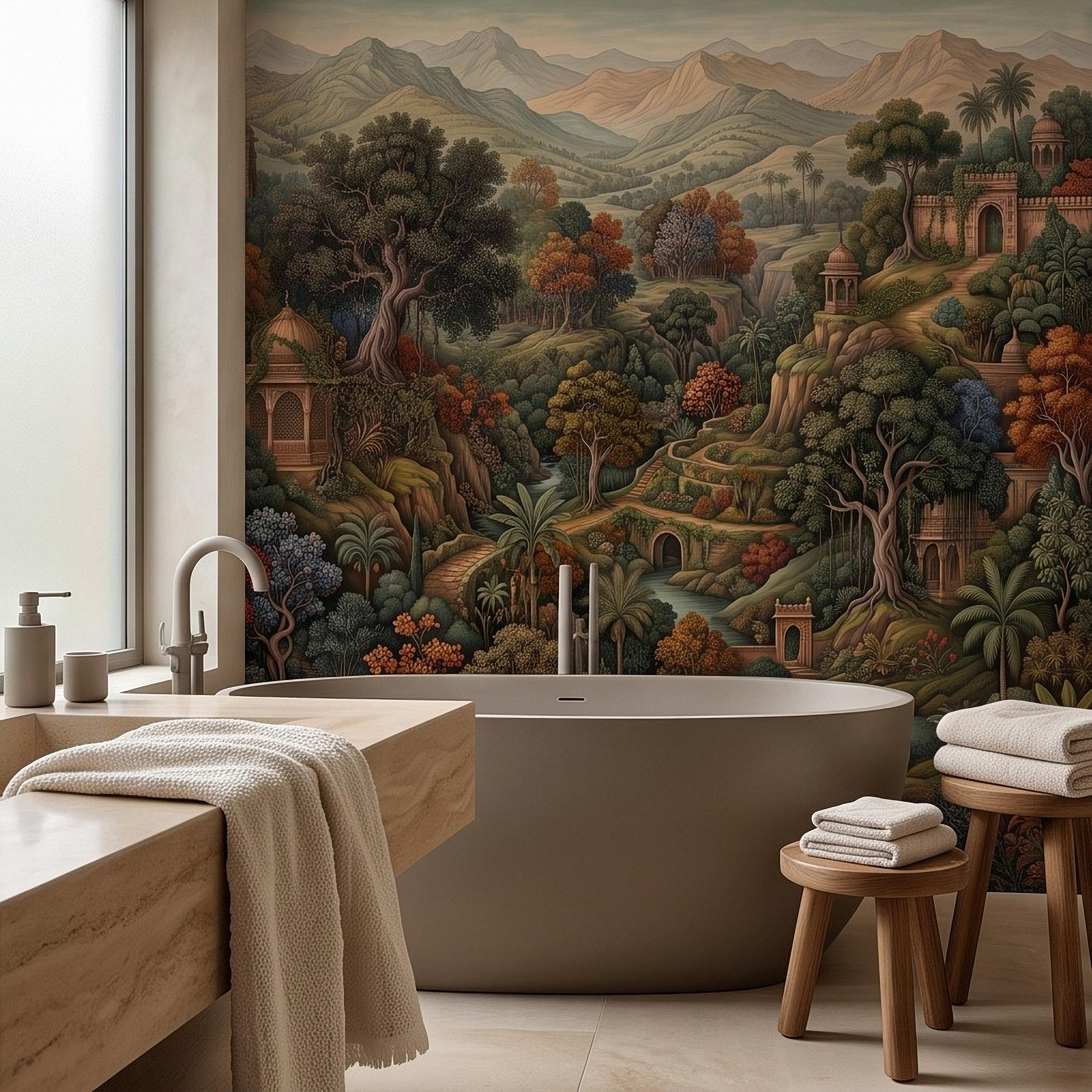 Indian Garden Peel and Stick Wall Mural, Lush Botanical Mountain Landscape Vintage Palace Forest Old World Scenic Painting Wallpaper