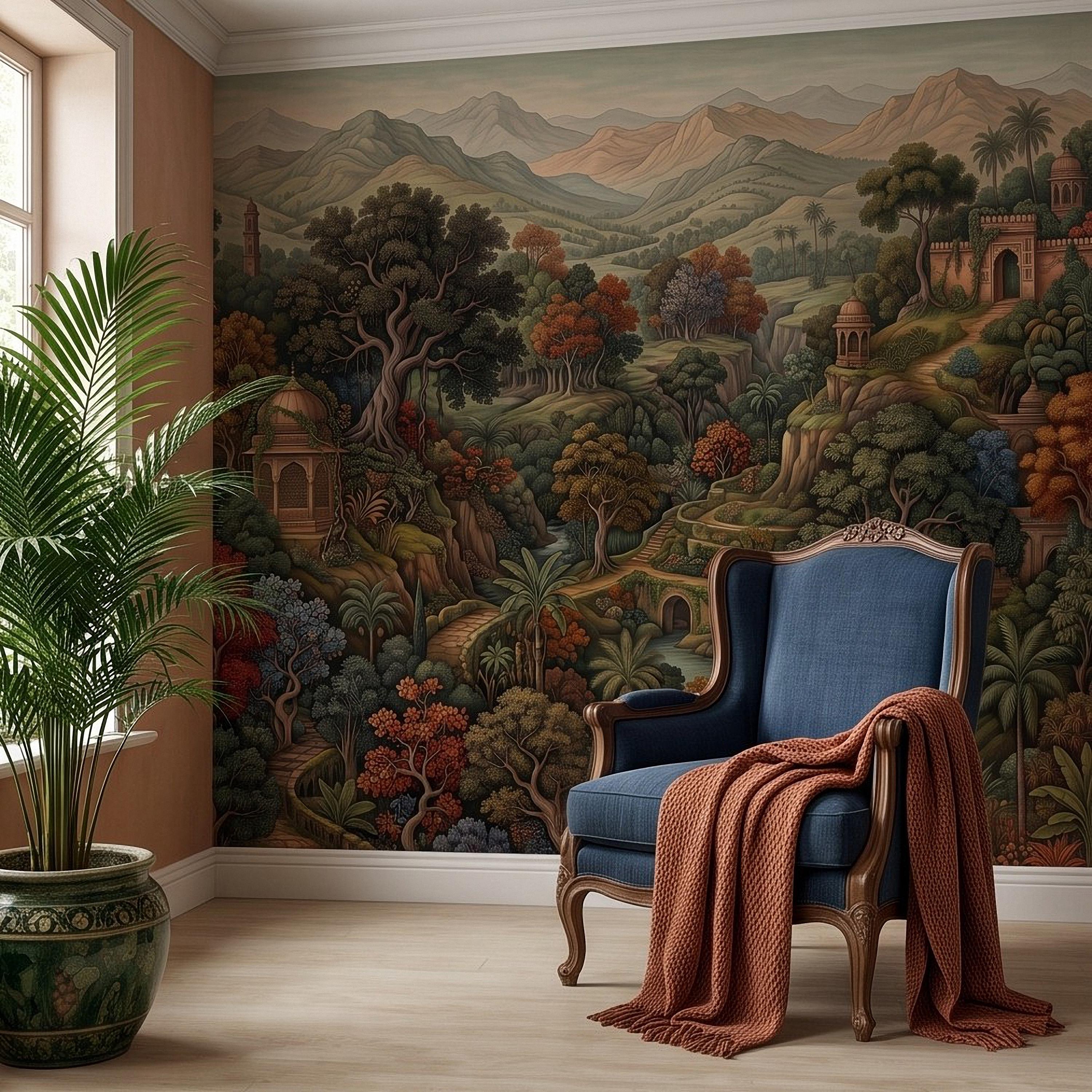 Indian Garden Peel and Stick Wall Mural, Lush Botanical Mountain Landscape Vintage Palace Forest Old World Scenic Painting Wallpaper