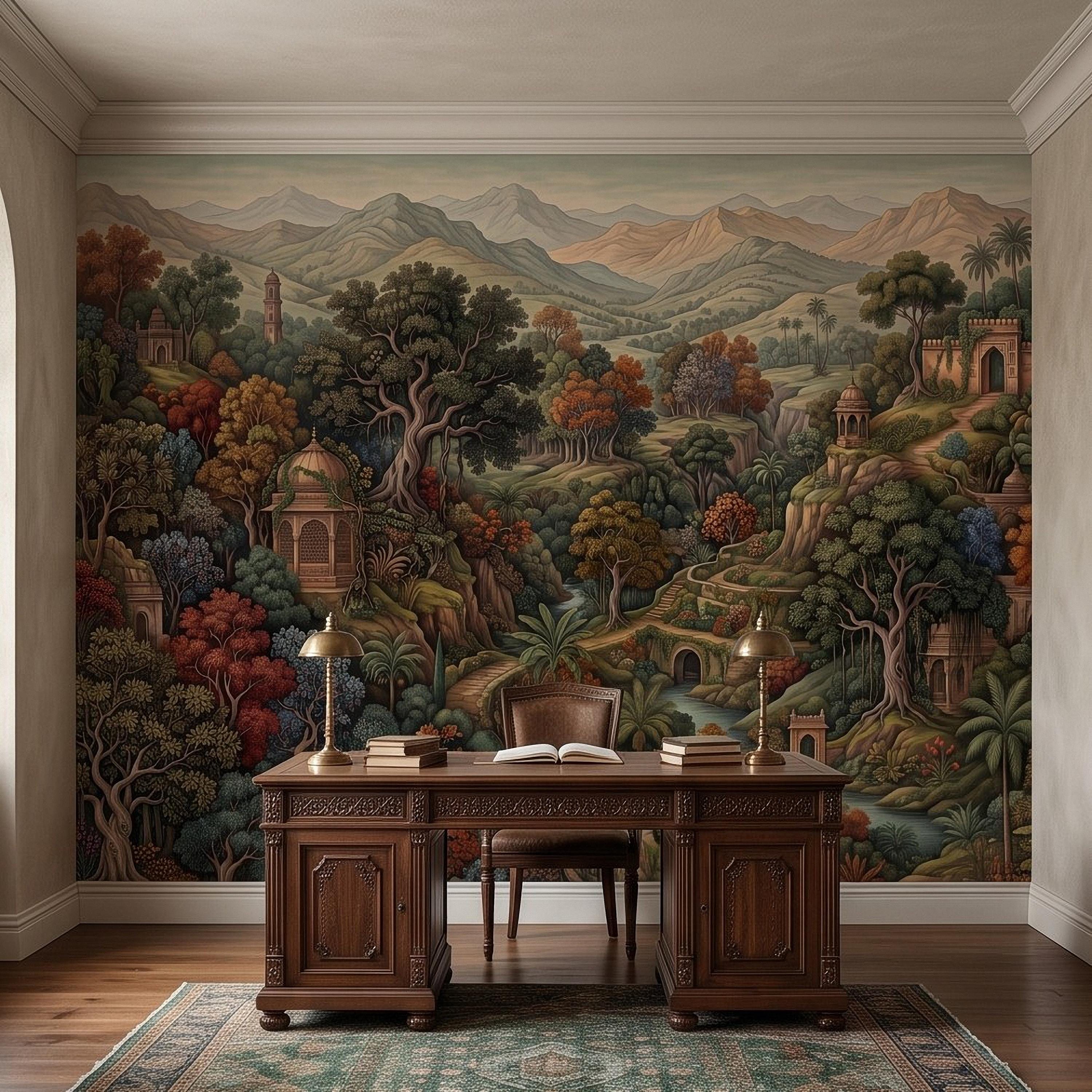 Indian Garden Peel and Stick Wall Mural, Lush Botanical Mountain Landscape Vintage Palace Forest Old World Scenic Painting Wallpaper