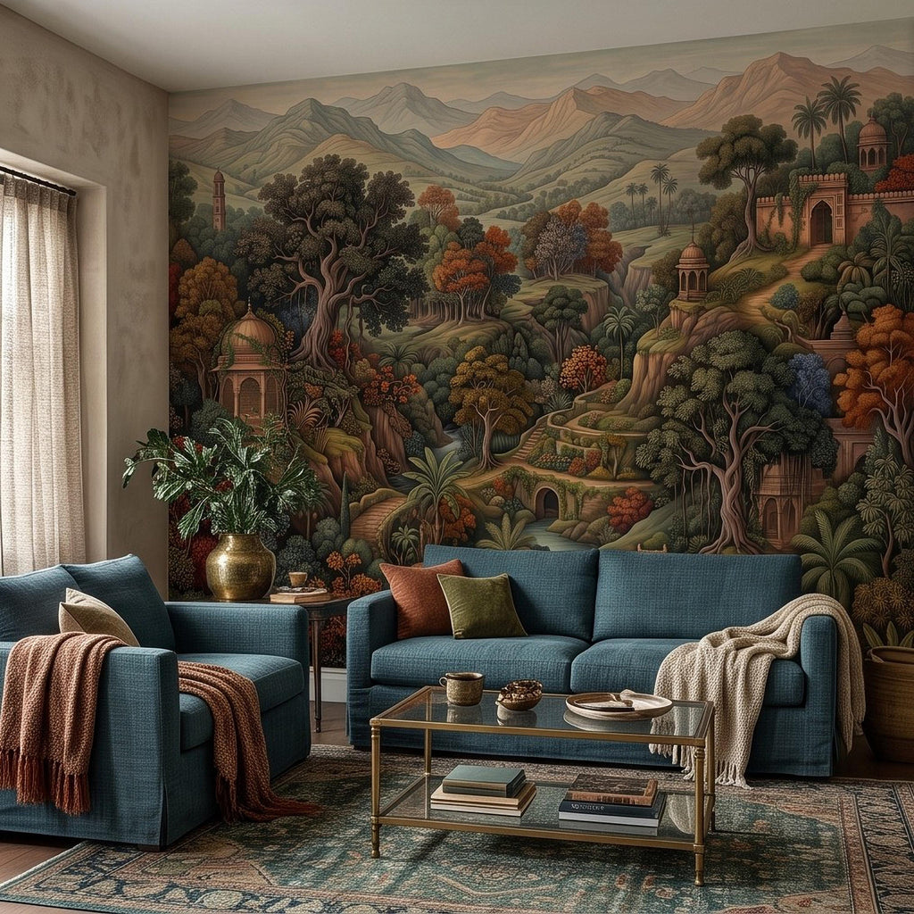 Indian Garden Peel and Stick Wall Mural, Lush Botanical Mountain Landscape Vintage Palace Forest Old World Scenic Painting Wallpaper