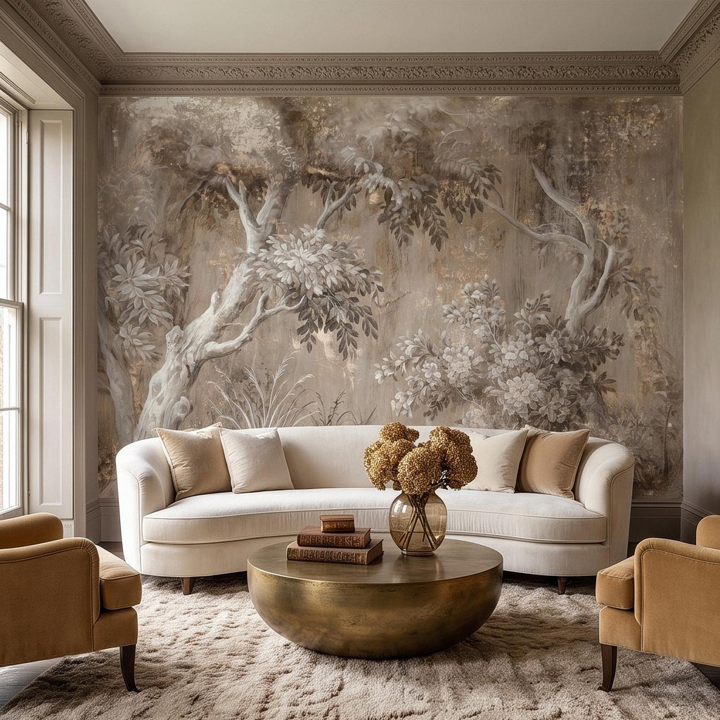 Woodland Forest Peel and Stick Wall Mural, Neutral Trees Blooming Branches Vintage Sepia Botanical Wallpaper