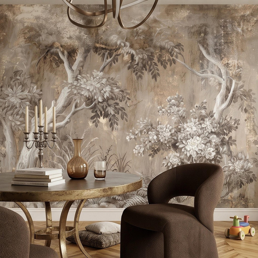 Woodland Forest Peel and Stick Wall Mural, Neutral Trees Blooming Branches Vintage Sepia Botanical Wallpaper