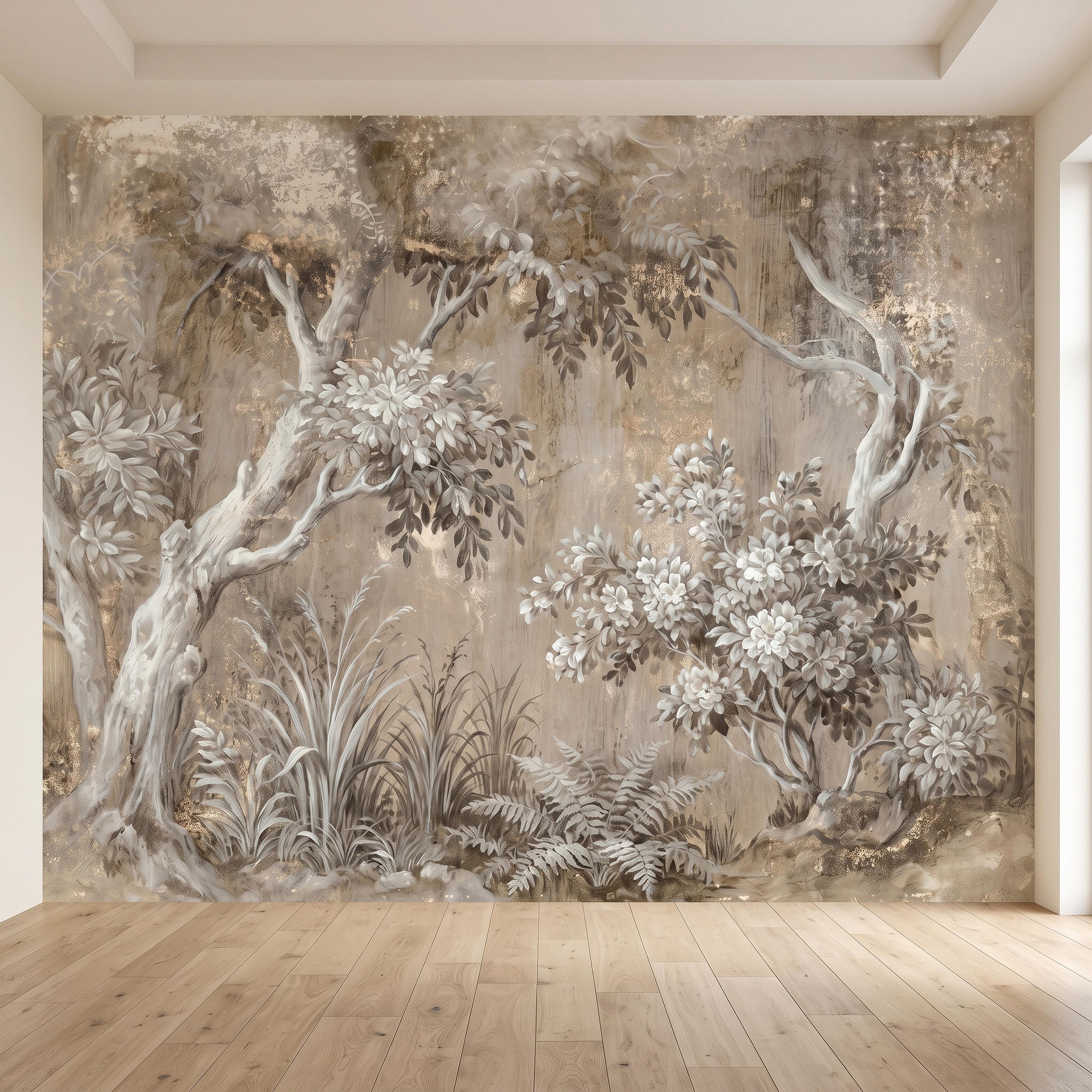 Woodland Forest Peel and Stick Wall Mural, Neutral Trees Blooming Branches Vintage Sepia Botanical Wallpaper