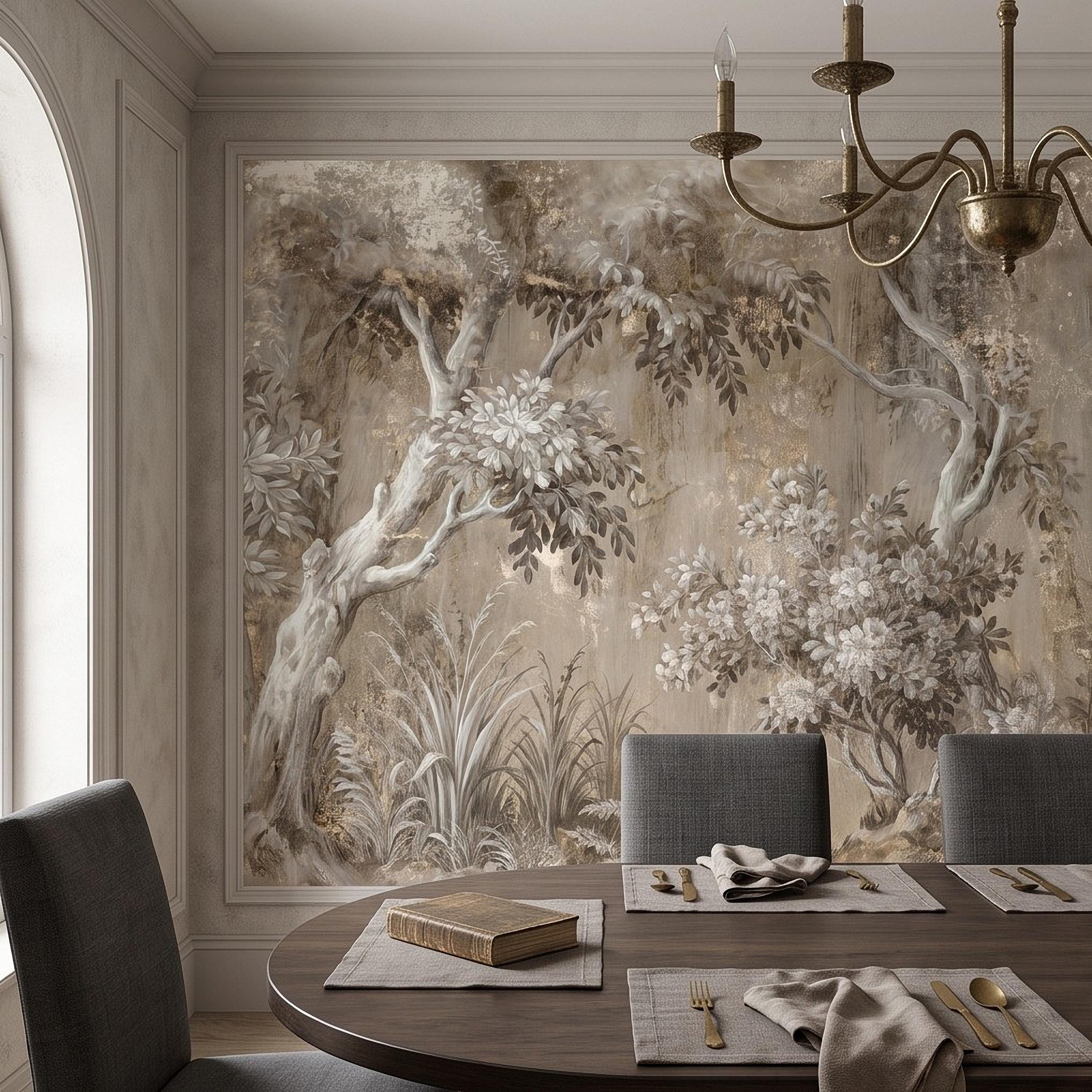 Woodland Forest Peel and Stick Wall Mural, Neutral Trees Blooming Branches Vintage Sepia Botanical Wallpaper