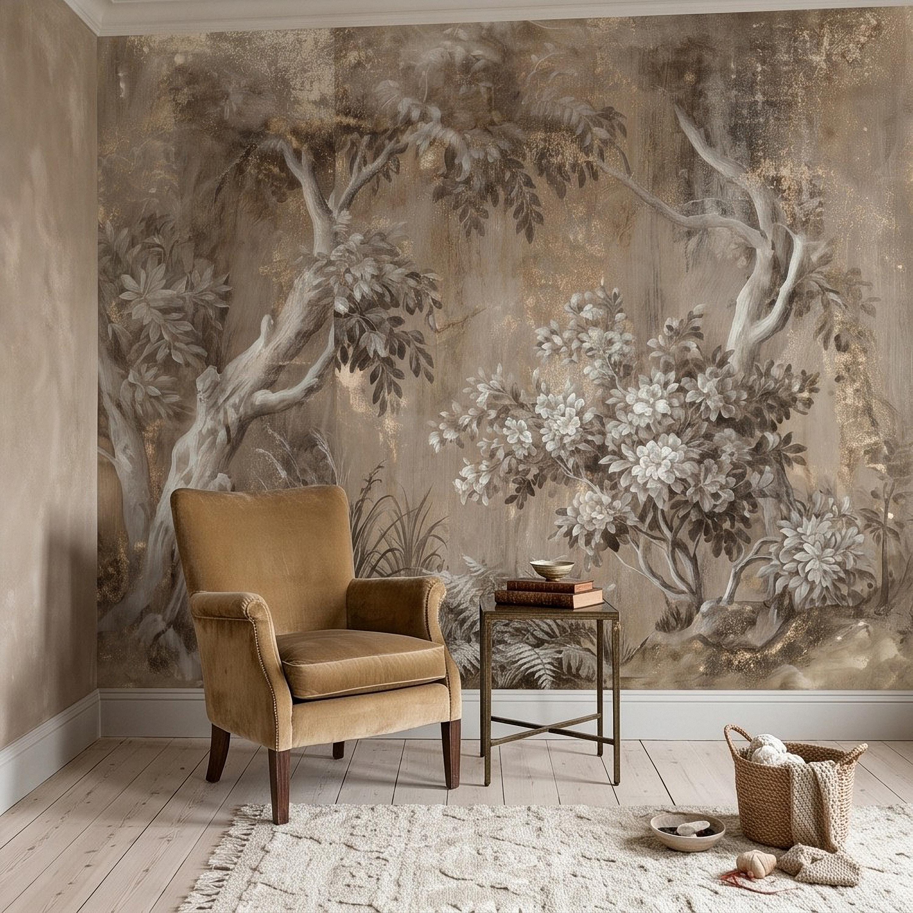 Woodland Forest Peel and Stick Wall Mural, Neutral Trees Blooming Branches Vintage Sepia Botanical Wallpaper