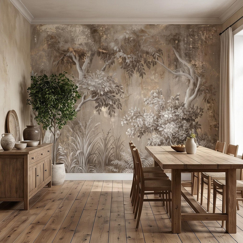Woodland Forest Peel and Stick Wall Mural, Neutral Trees Blooming Branches Vintage Sepia Botanical Wallpaper