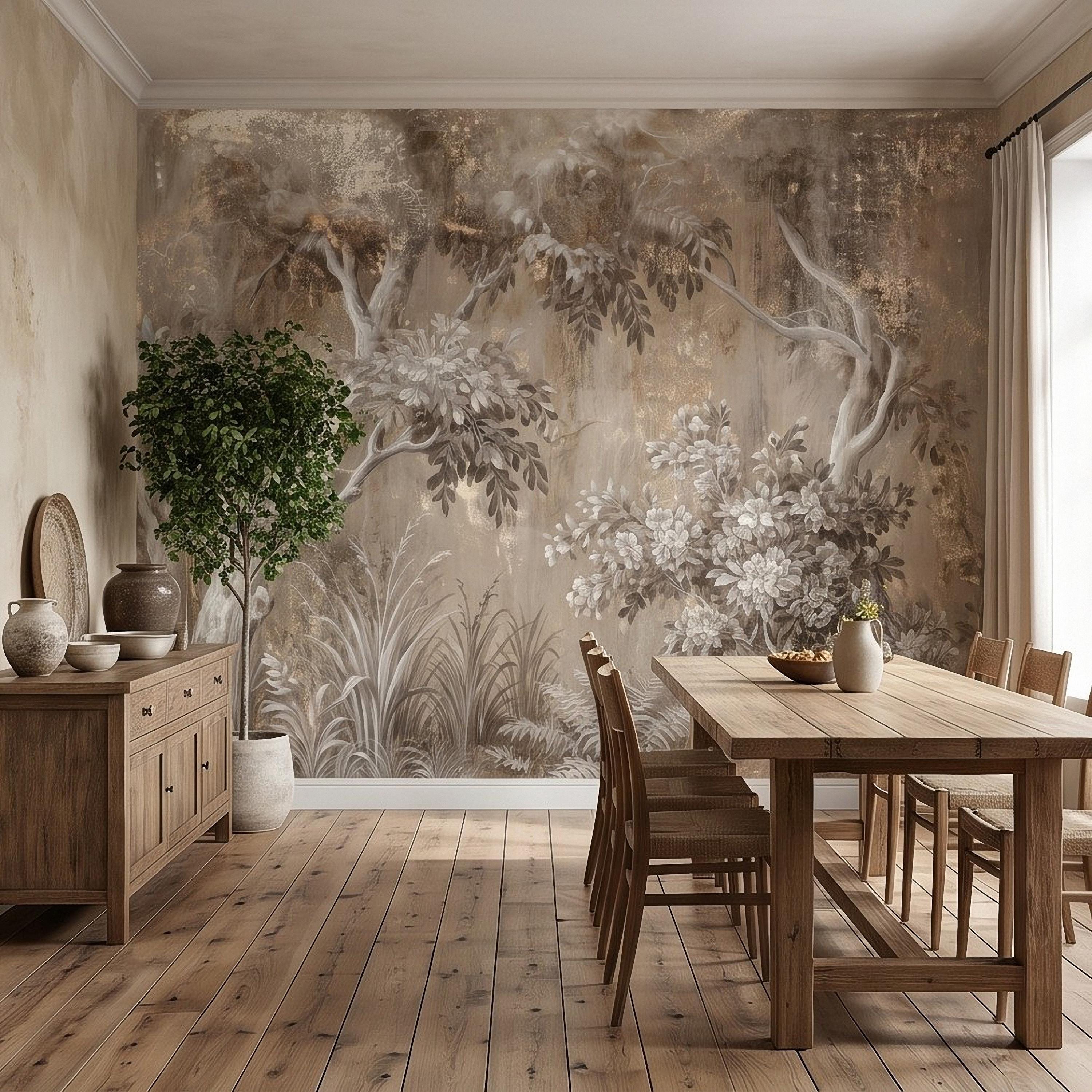 Woodland Forest Peel and Stick Wall Mural, Neutral Trees Blooming Branches Vintage Sepia Botanical Wallpaper