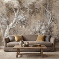 Woodland Forest Peel and Stick Wall Mural, Neutral Trees Blooming Branches Vintage Sepia Botanical Wallpaper
