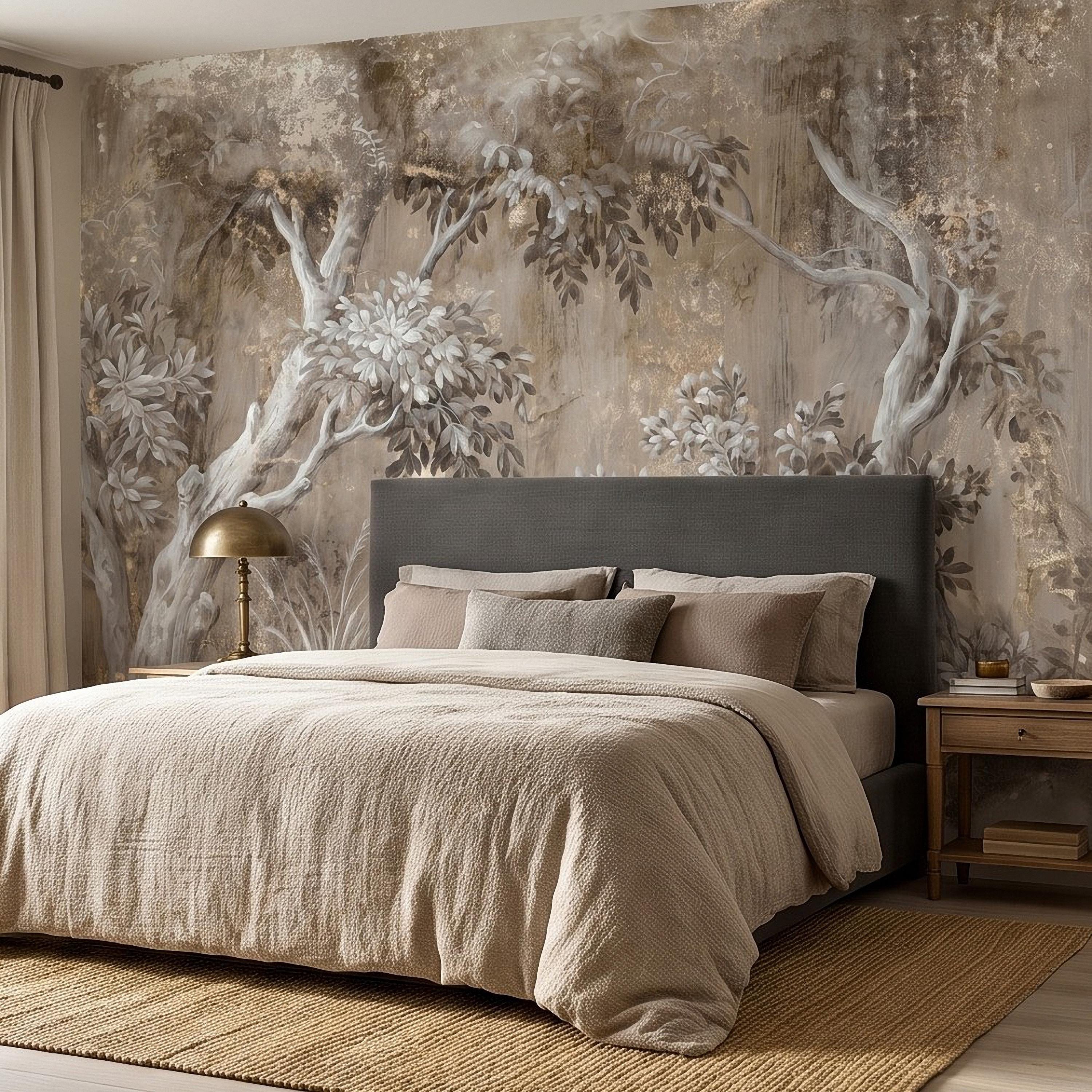 Woodland Forest Peel and Stick Wall Mural, Neutral Trees Blooming Branches Vintage Sepia Botanical Wallpaper