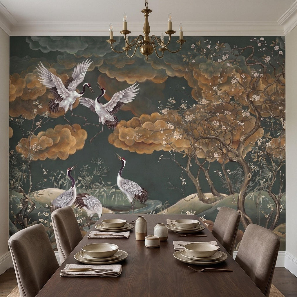 Oriental Chinoiserie Crane Peel and Stick Wall Mural, Blossom Branches Vintage Asian Garden Wallpaper