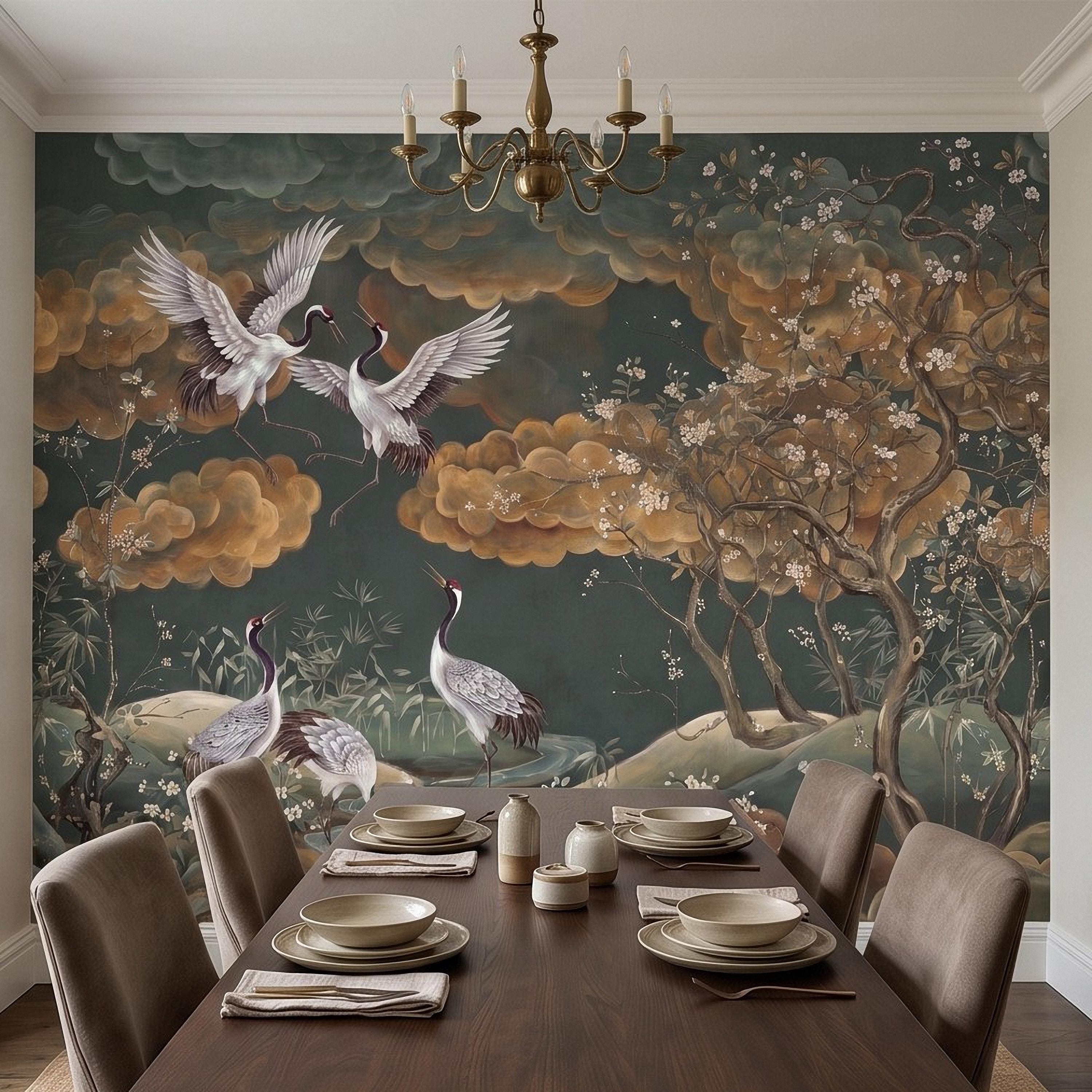 Oriental Chinoiserie Crane Peel and Stick Wall Mural, Blossom Branches Vintage Asian Garden Wallpaper