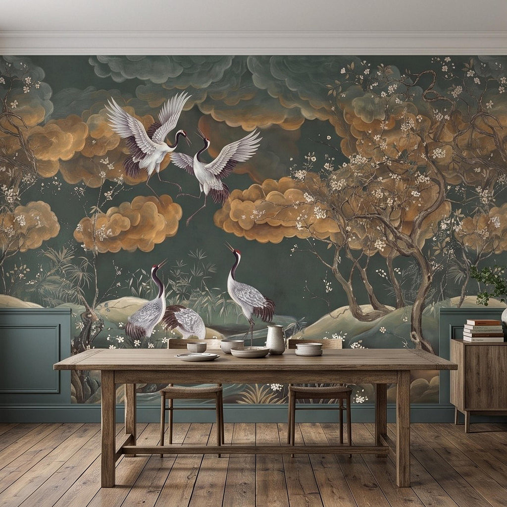 Oriental Chinoiserie Crane Peel and Stick Wall Mural, Blossom Branches Vintage Asian Garden Wallpaper