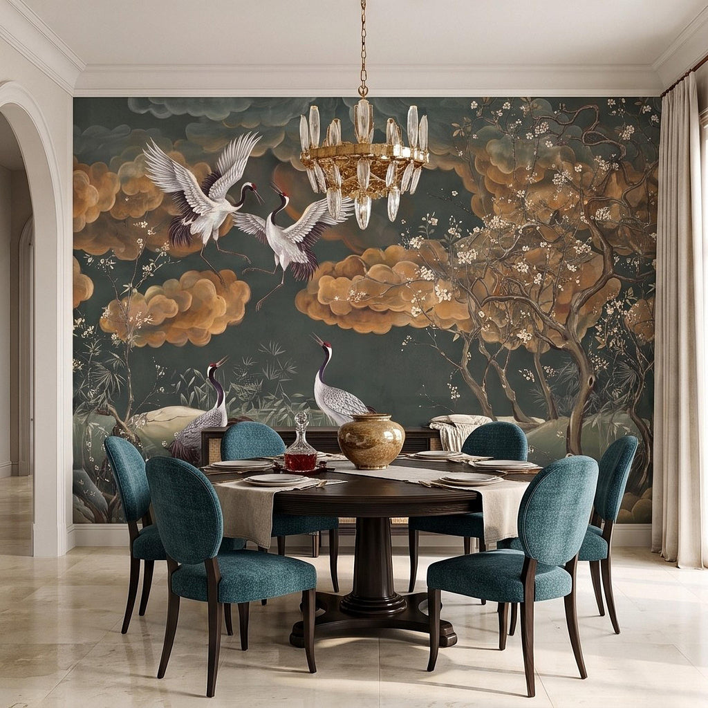 Oriental Chinoiserie Crane Peel and Stick Wall Mural, Blossom Branches Vintage Asian Garden Wallpaper