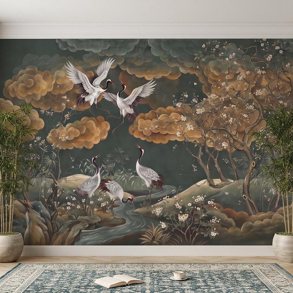 Oriental Chinoiserie Crane Peel and Stick Wall Mural, Blossom Branches Vintage Asian Garden Wallpaper