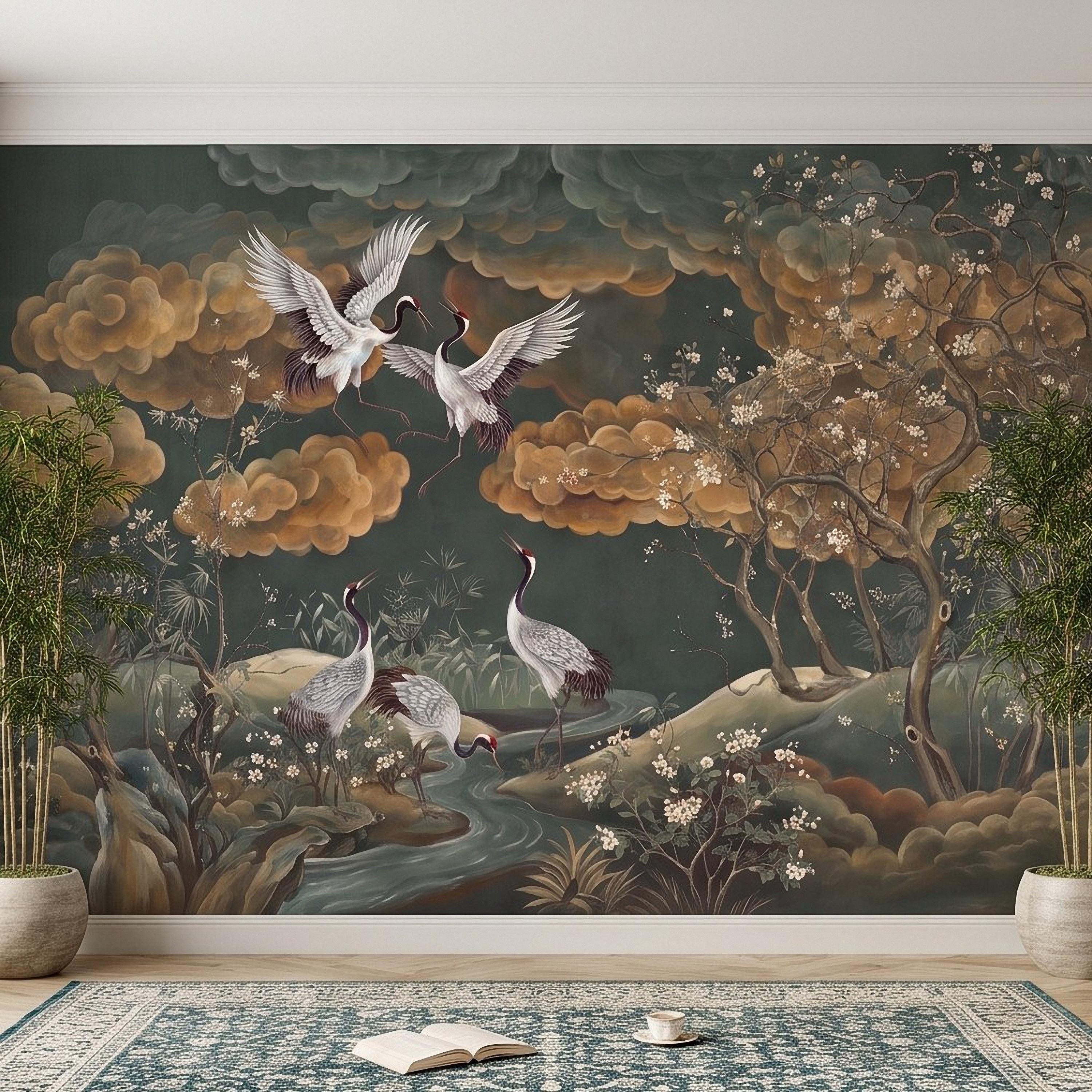 Oriental Chinoiserie Crane Peel and Stick Wall Mural, Blossom Branches Vintage Asian Garden Wallpaper