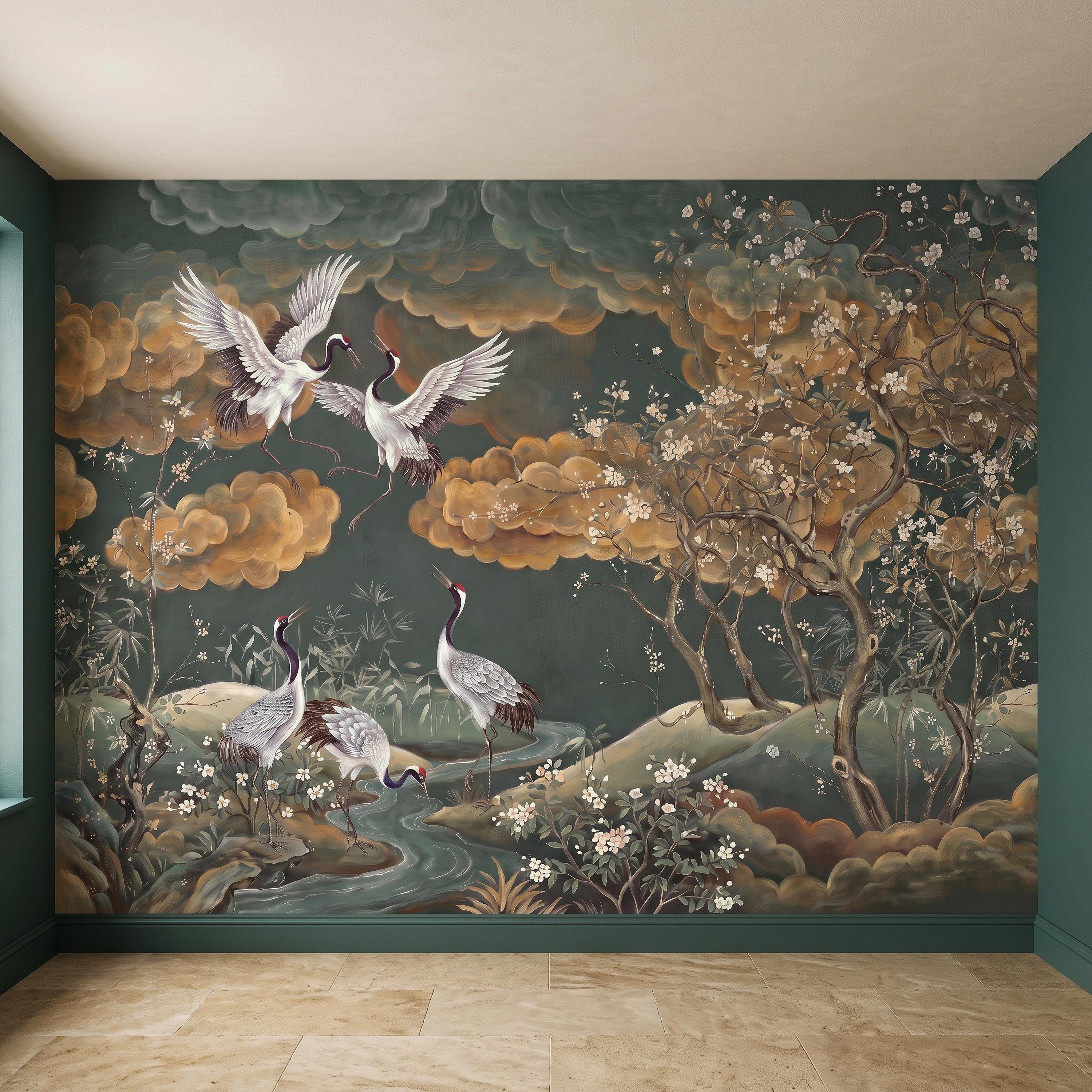 Oriental Chinoiserie Crane Peel and Stick Wall Mural, Blossom Branches Vintage Asian Garden Wallpaper