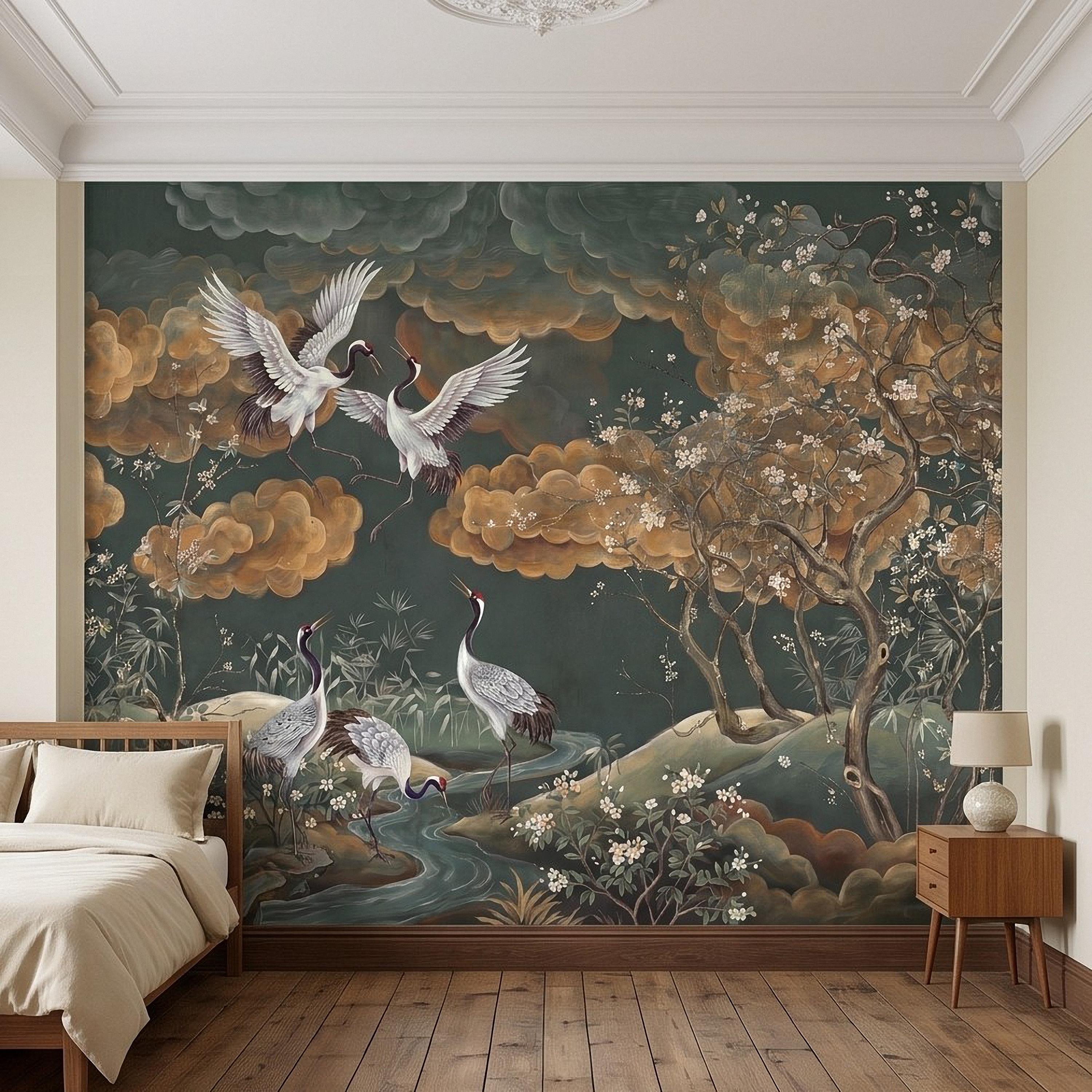 Oriental Chinoiserie Crane Peel and Stick Wall Mural, Blossom Branches Vintage Asian Garden Wallpaper