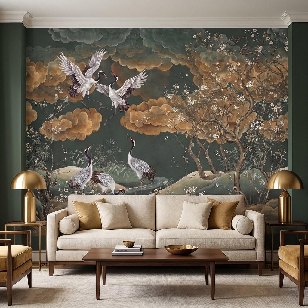 Oriental Chinoiserie Crane Peel and Stick Wall Mural, Blossom Branches Vintage Asian Garden Wallpaper